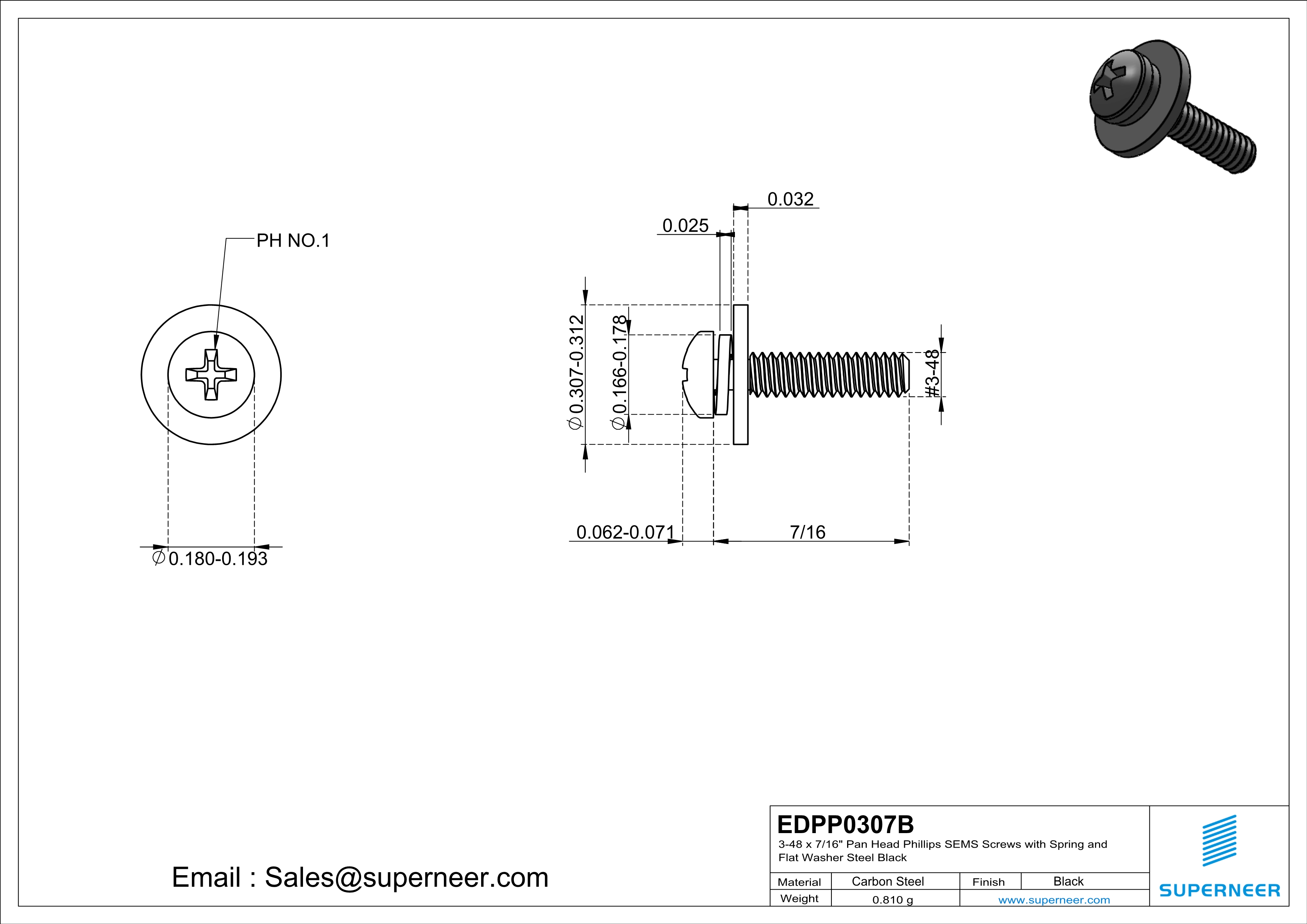 3-48 x 7/16" Pan Head Phillips SEMS Screws with Spring and Flat Washer Steel Black