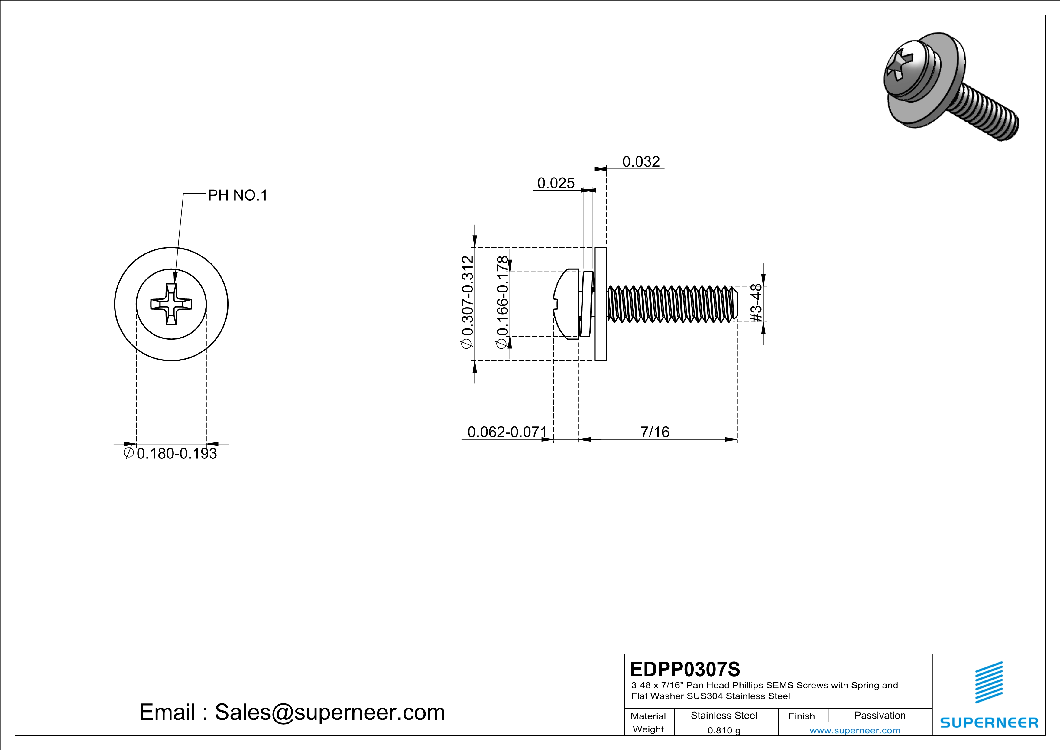 3-48 x 7/16" Pan Head Phillips SEMS Screws with Spring and Flat Washer SUS304 Stainless Steel Inox