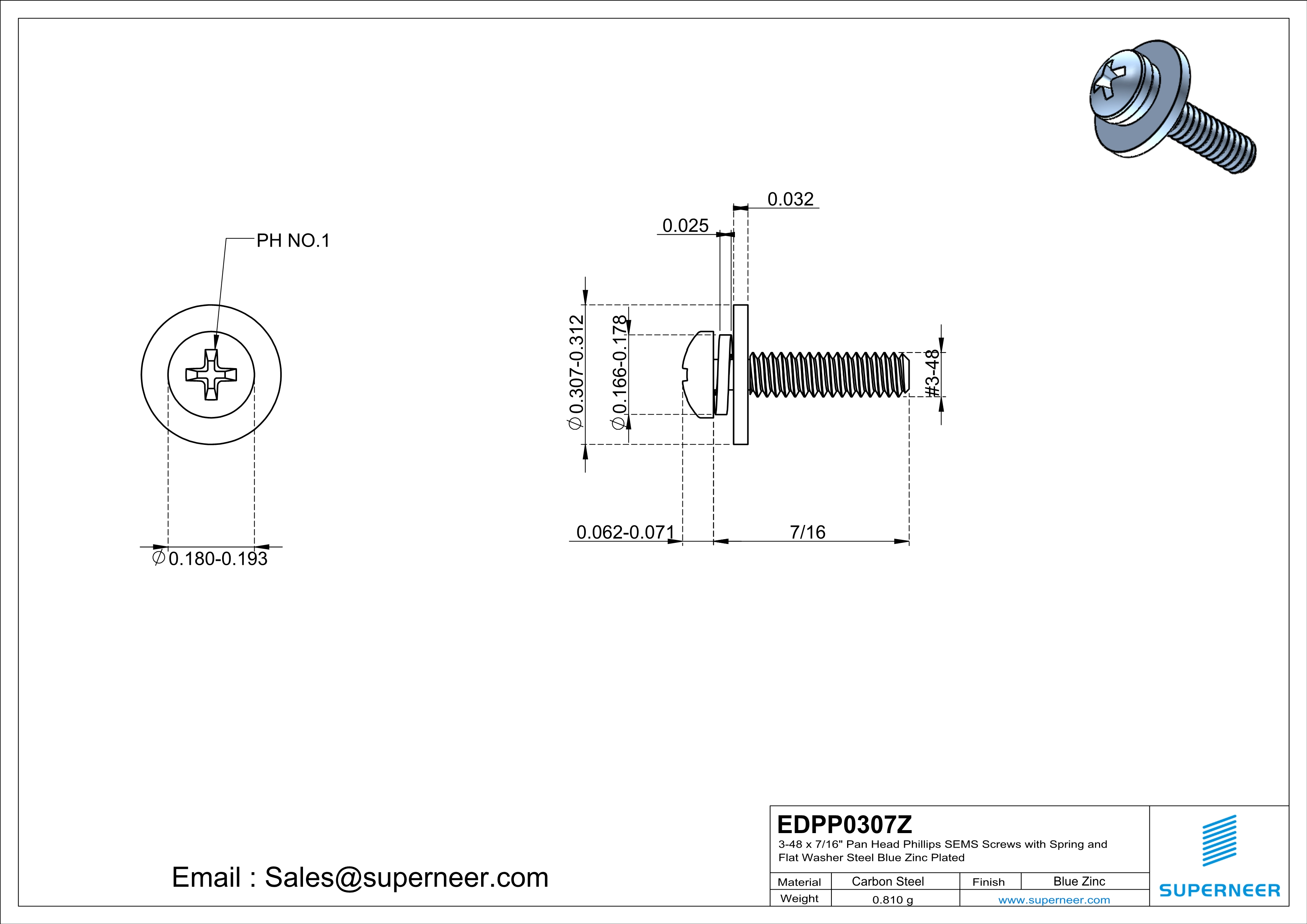 3-48 x 7/16" Pan Head Phillips SEMS Screws with Spring and Flat Washer Steel Blue Zinc Plated