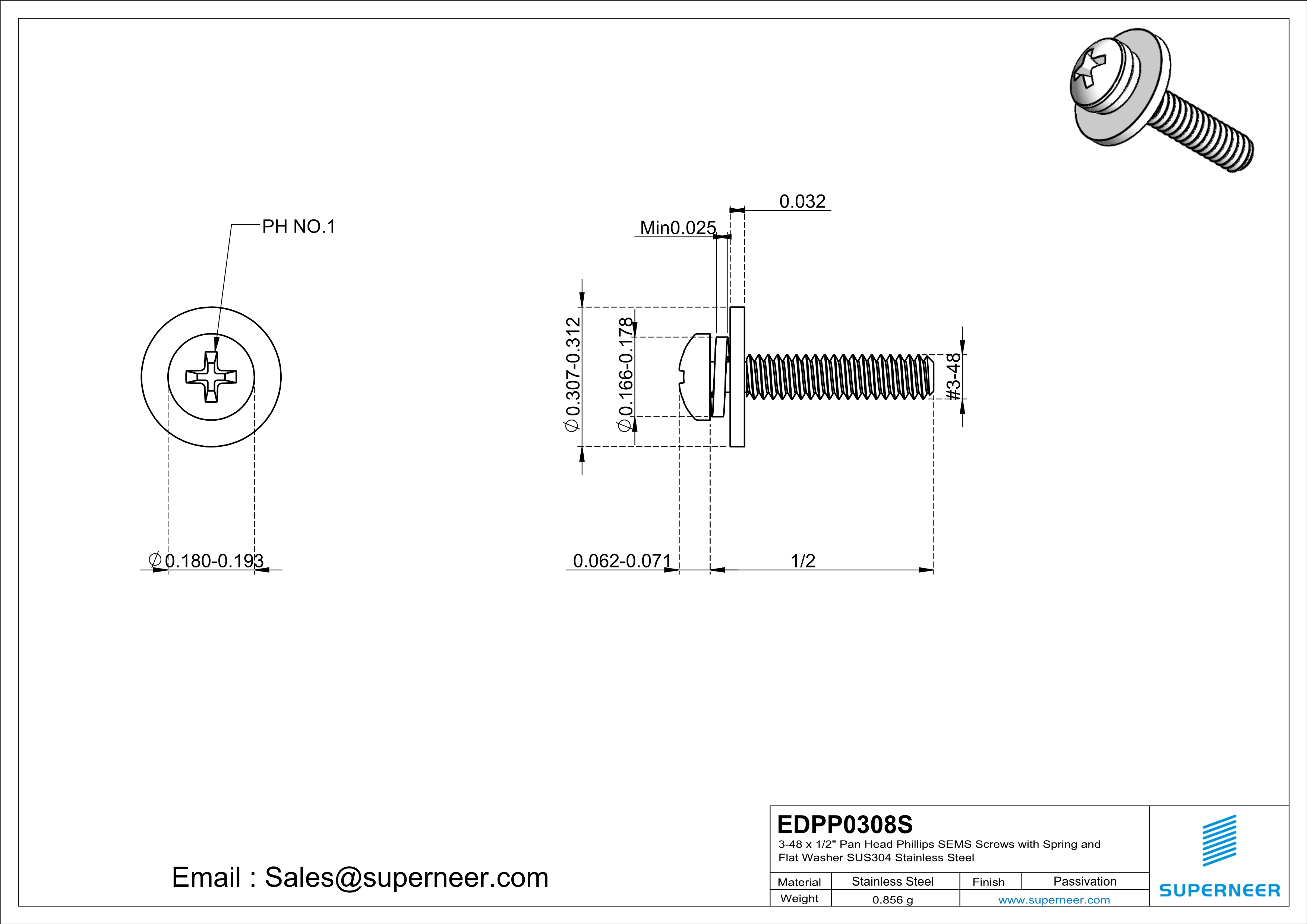 3-48 x 1/2" Pan Head Phillips SEMS Screws with Spring and Flat Washer SUS304 Stainless Steel Inox