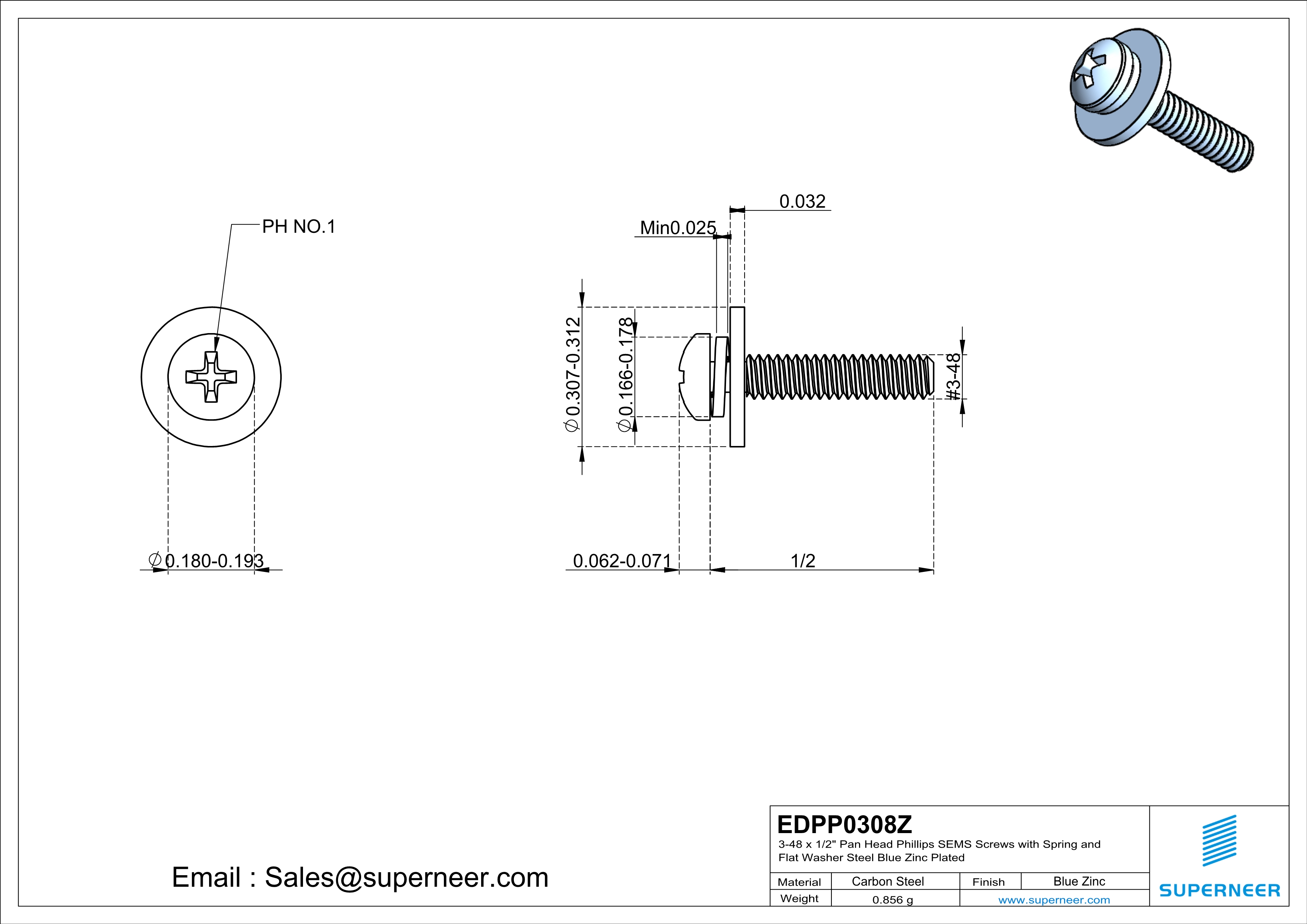 3-48 x 1/2" Pan Head Phillips SEMS Screws with Spring and Flat Washer Steel Blue Zinc Plated