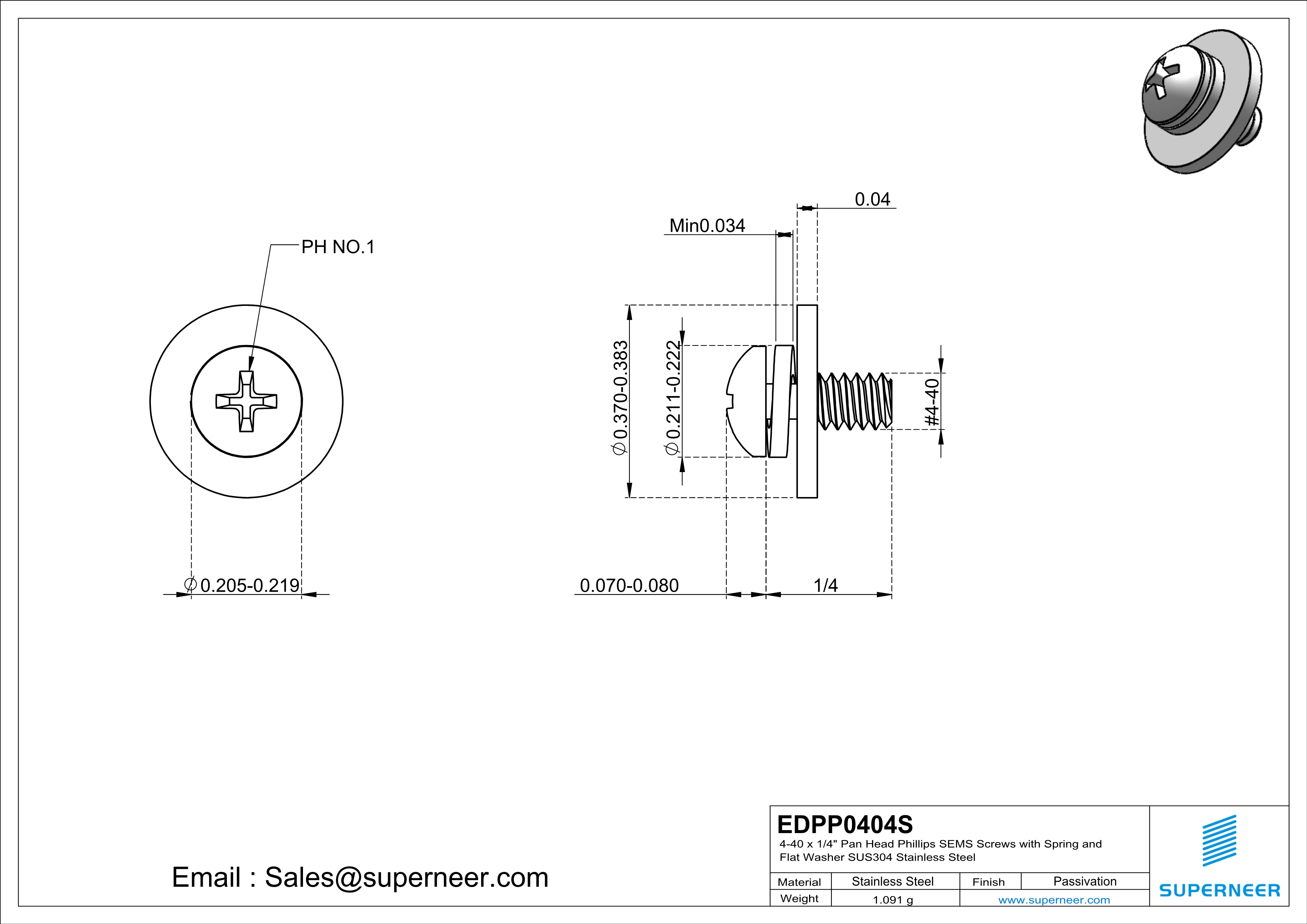 4-40 x 1/4" Pan Head Phillips SEMS Screws with Spring and Flat Washer SUS304 Stainless Steel Inox