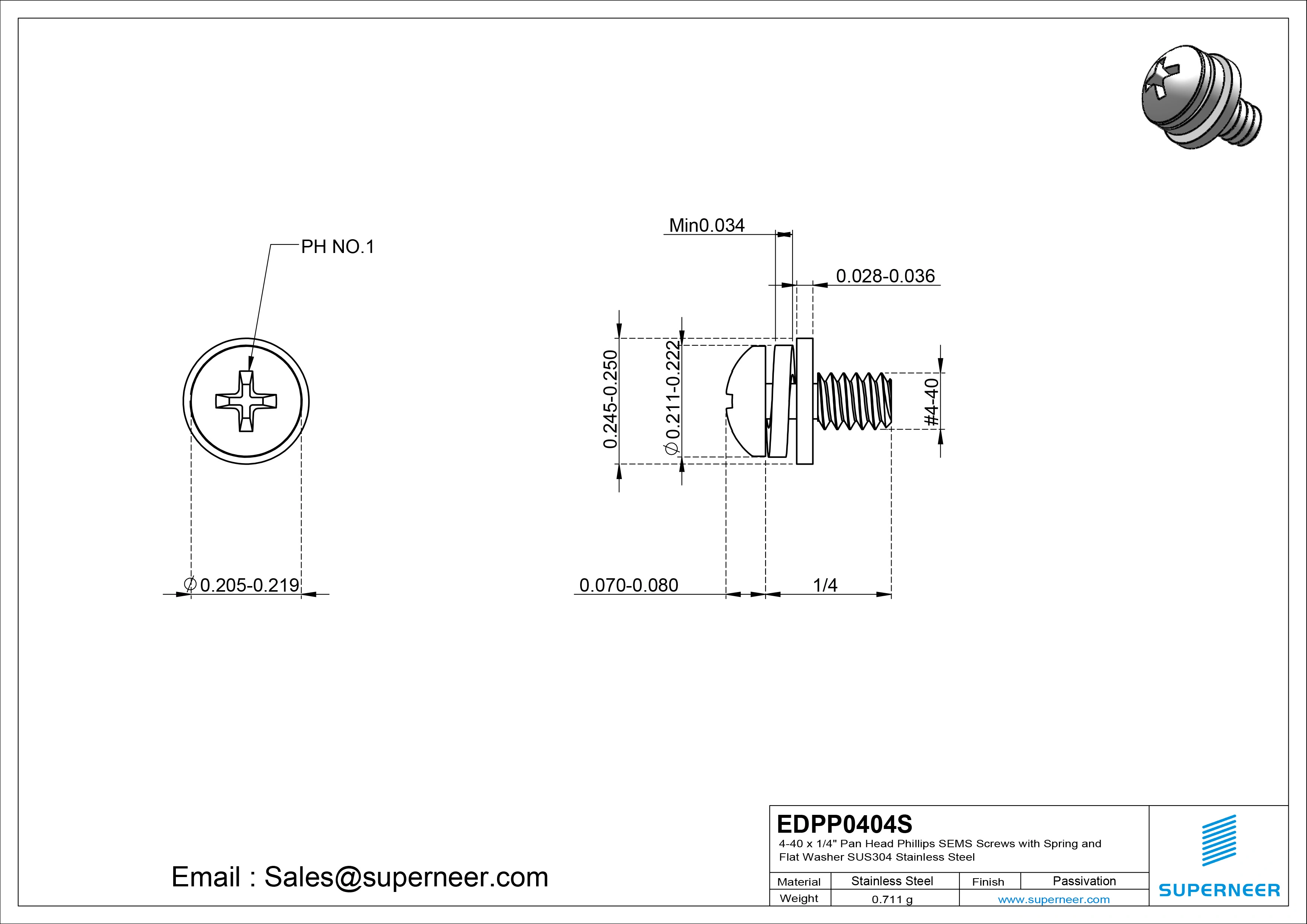 4-40 x 1/4" Pan Head Phillips SEMS Screws with Spring and Flat Washer SUS304 Stainless Steel Inox