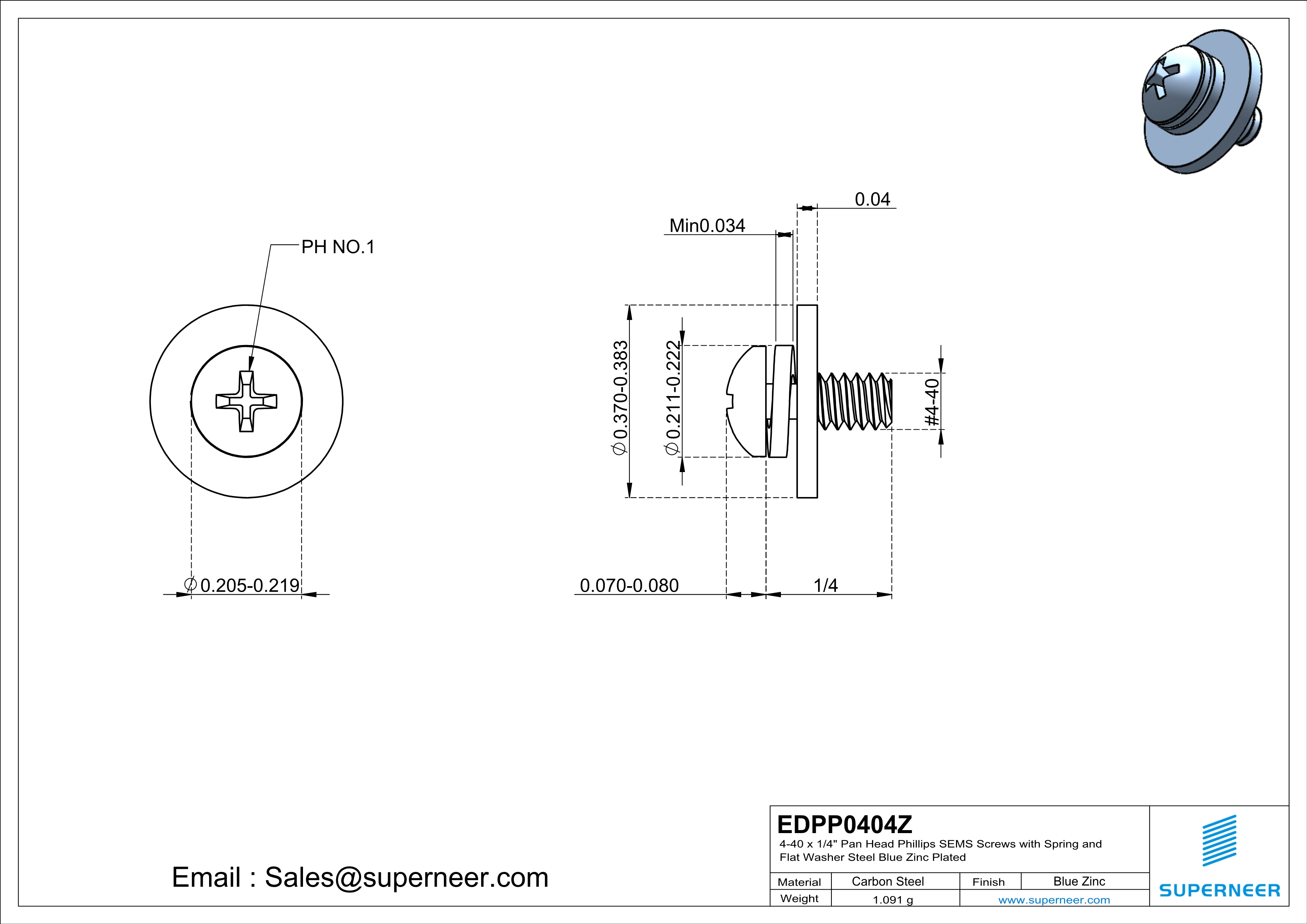 4-40 x 1/4" Pan Head Phillips SEMS Screws with Spring and Flat Washer Steel Blue Zinc Plated