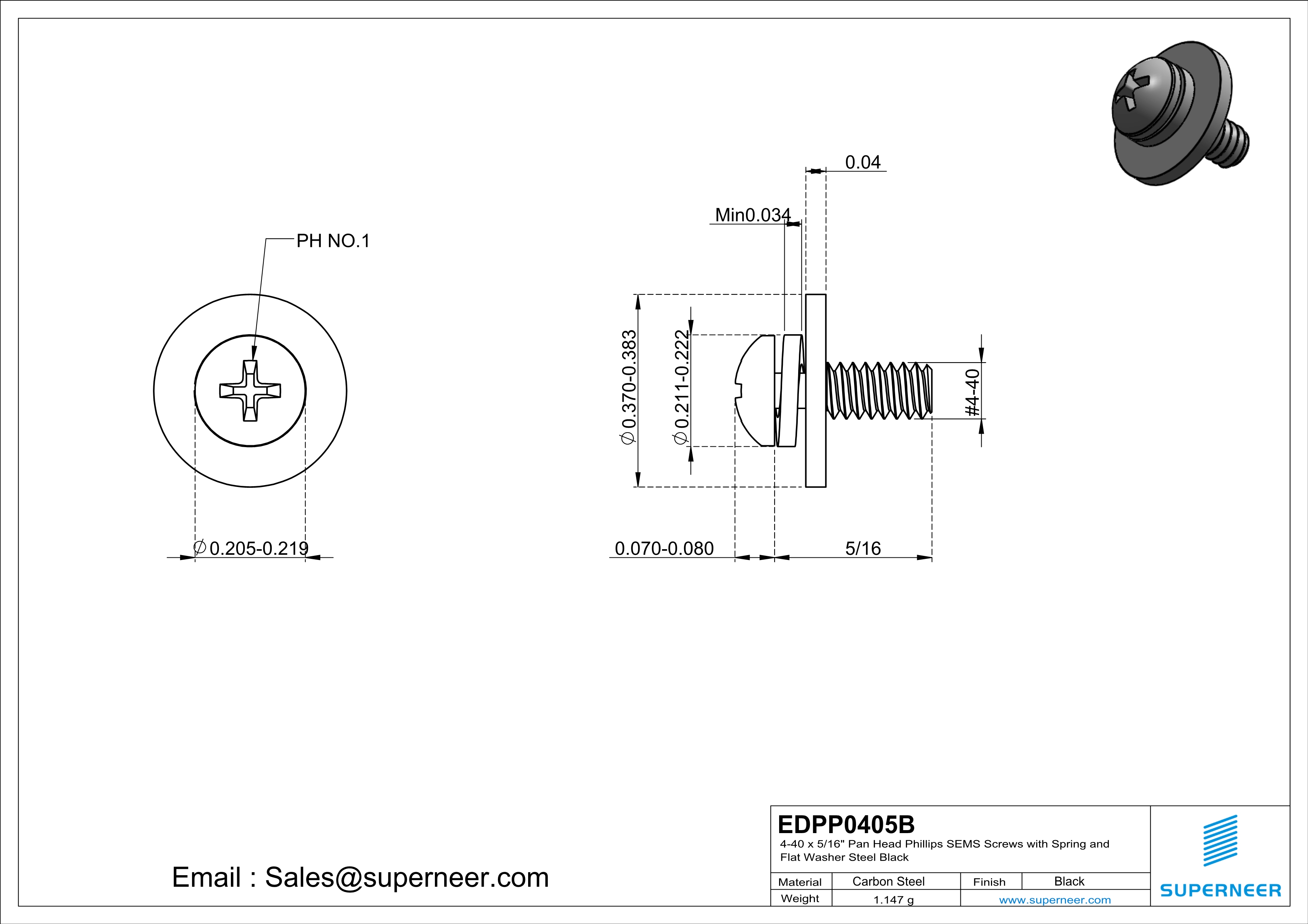 4-40 x 5/16" Pan Head Phillips SEMS Screws with Spring and Flat Washer Steel Black