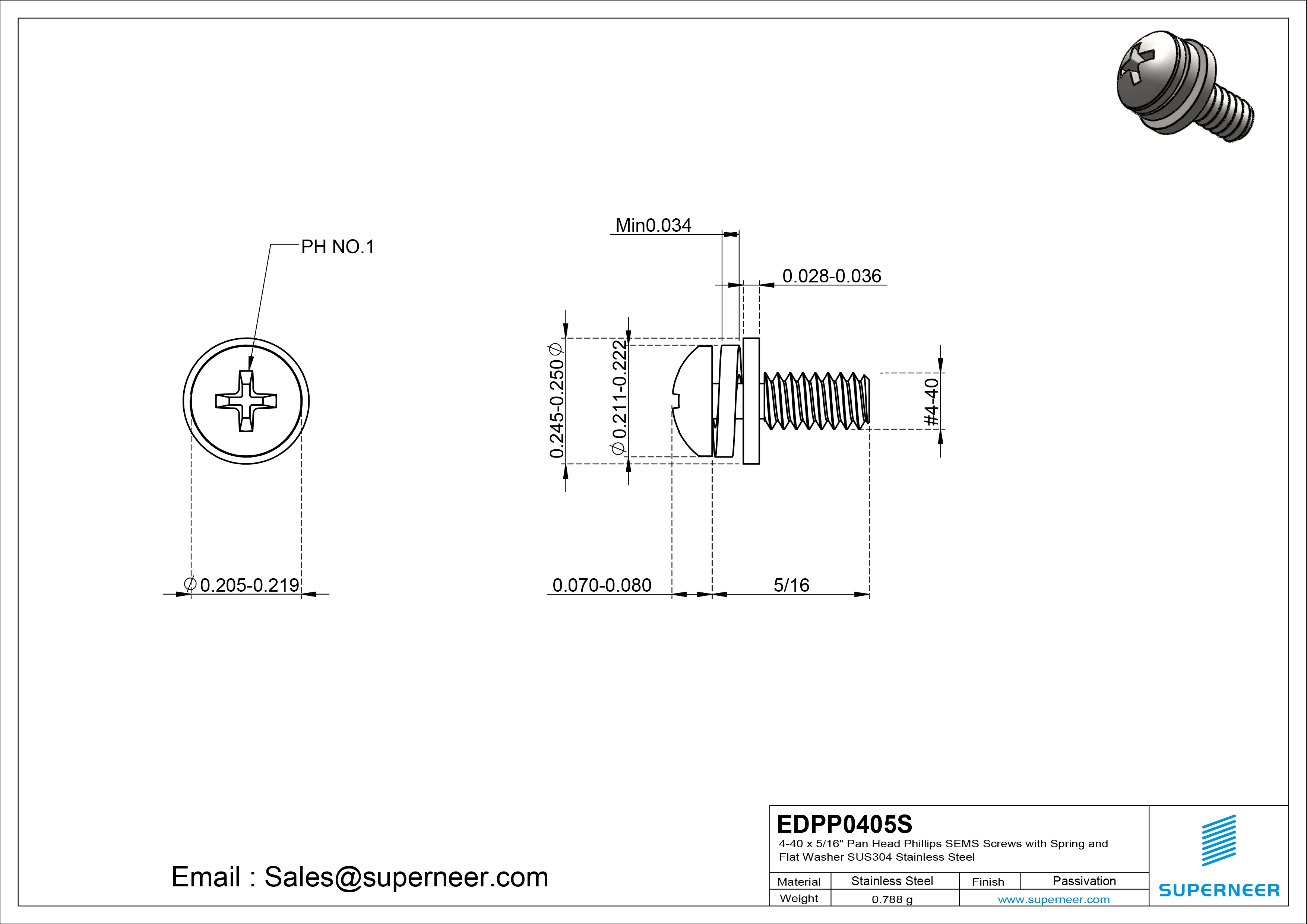 4-40 x 5/16" Pan Head Phillips SEMS Screws with Spring and Flat Washer SUS304 Stainless Steel Inox