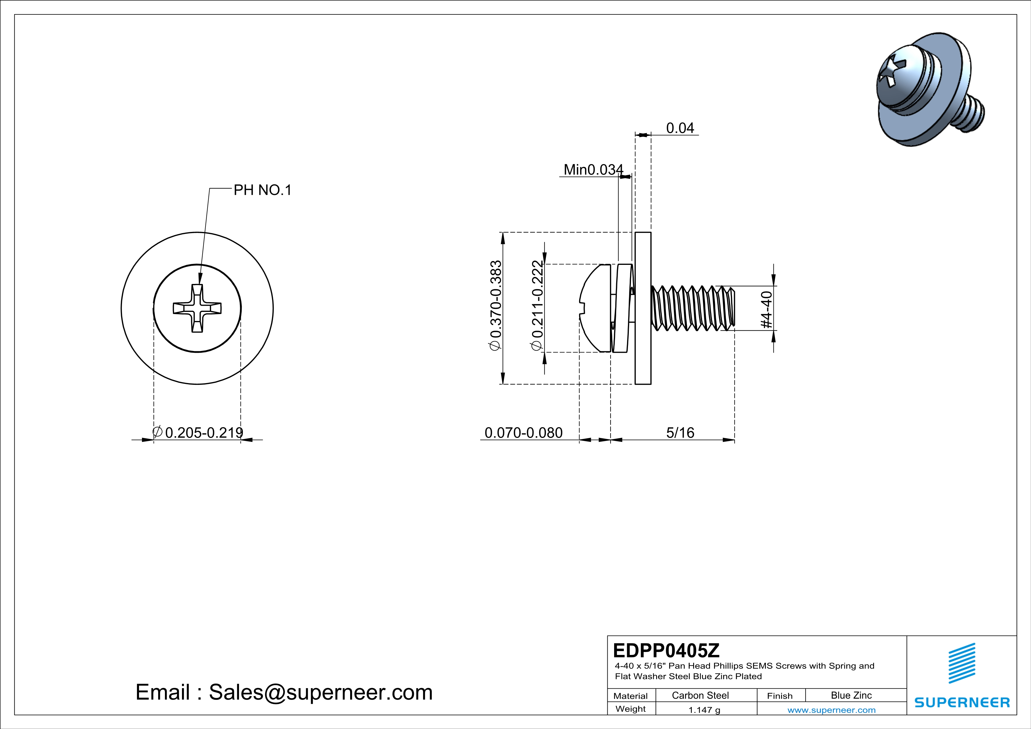 4-40 x 5/16" Pan Head Phillips SEMS Screws with Spring and Flat Washer Steel Blue Zinc Plated