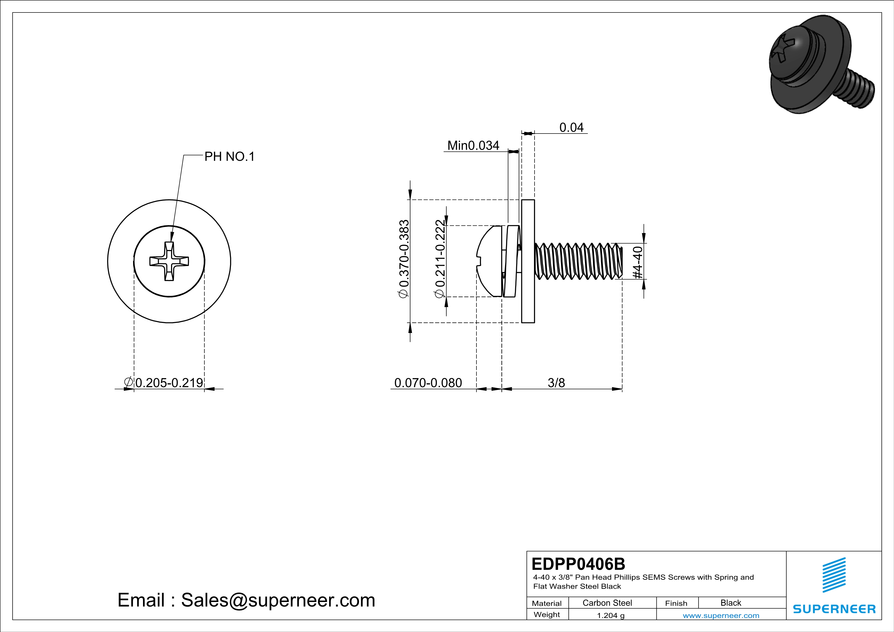 4-40 x 3/8" Pan Head Phillips SEMS Screws with Spring and Flat Washer Steel Black