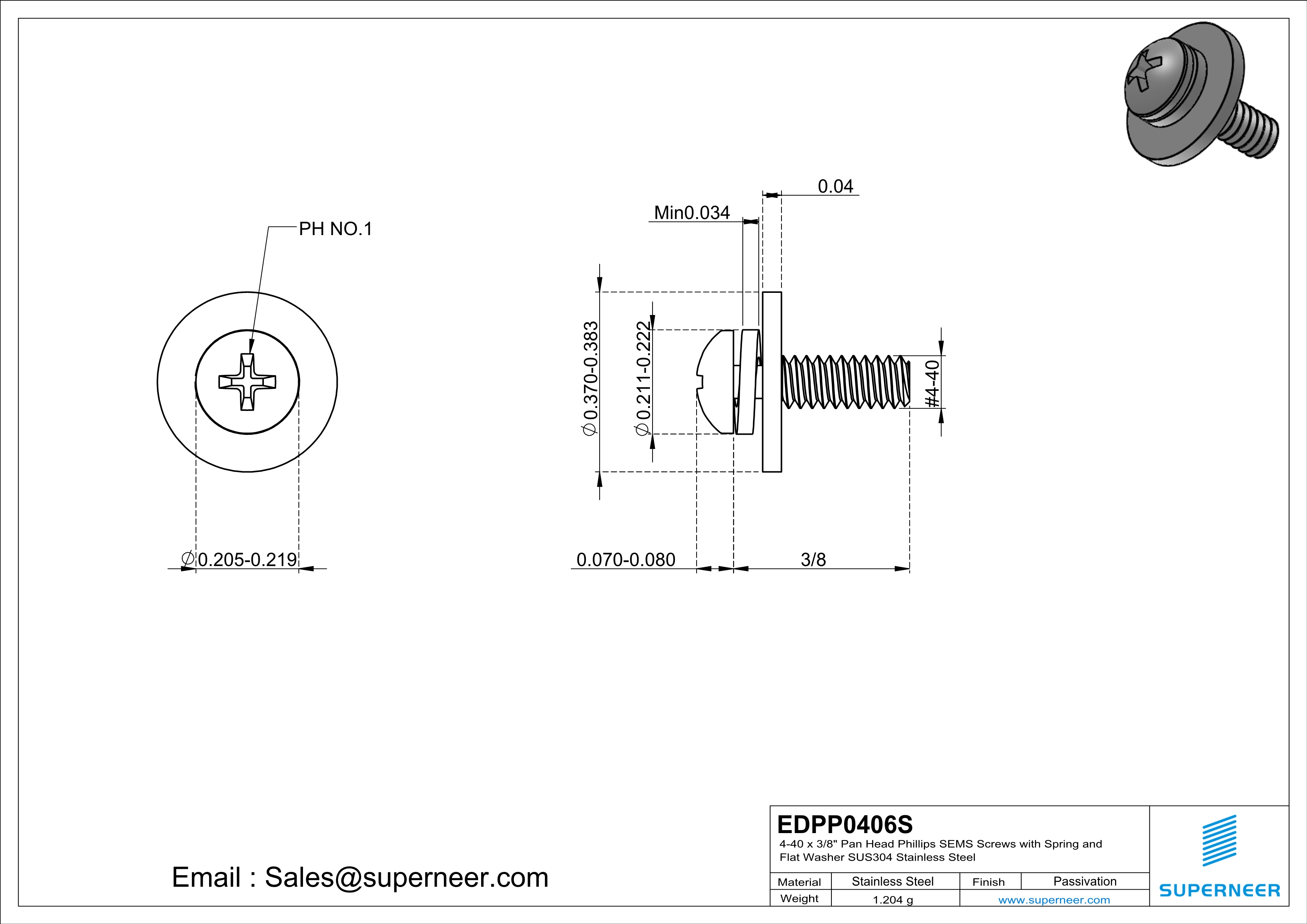 4-40 x 3/8" Pan Head Phillips SEMS Screws with Spring and Flat Washer SUS304 Stainless Steel Inox