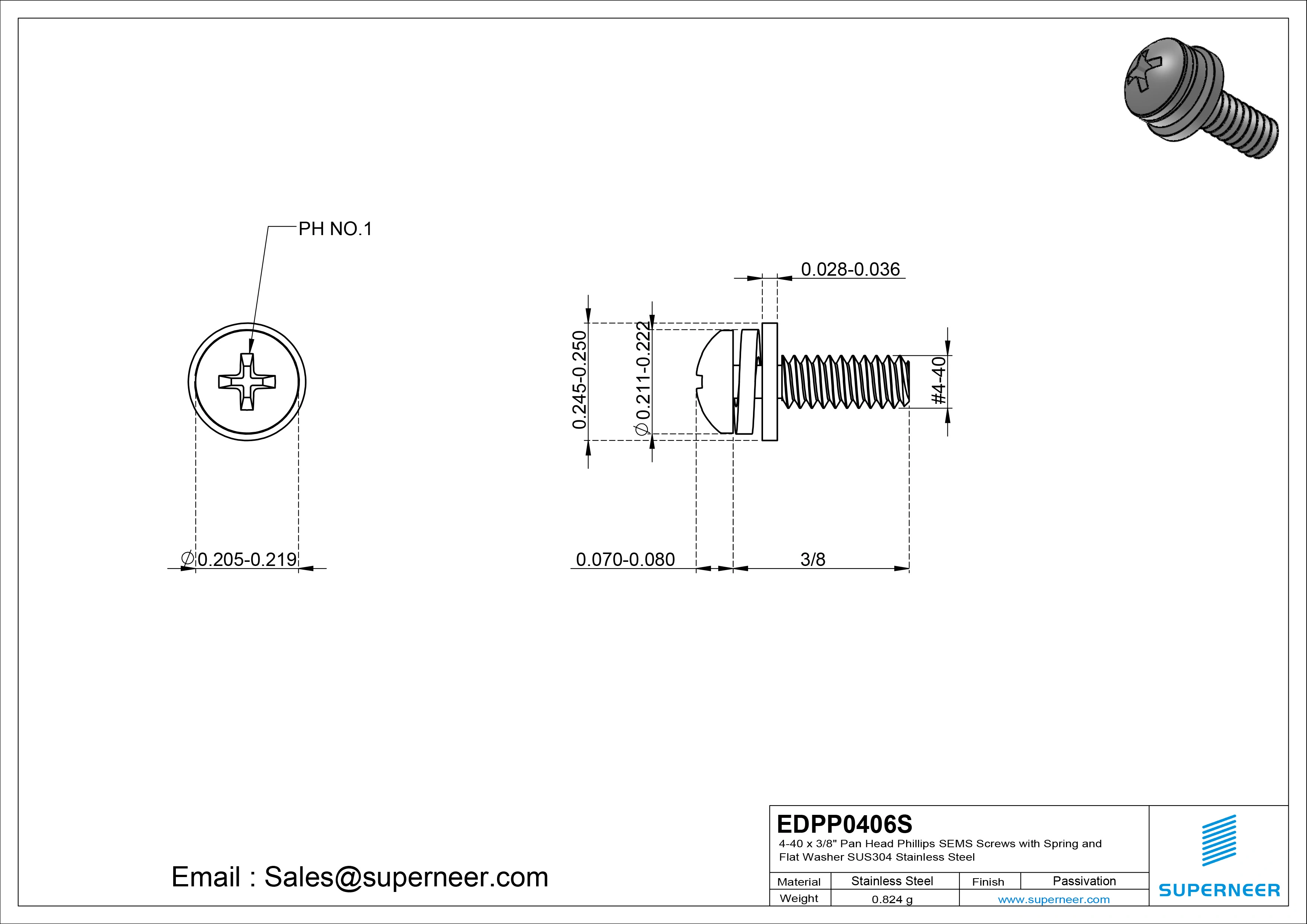 4-40 x 3/8" Pan Head Phillips SEMS Screws with Spring and Flat Washer SUS304 Stainless Steel Inox