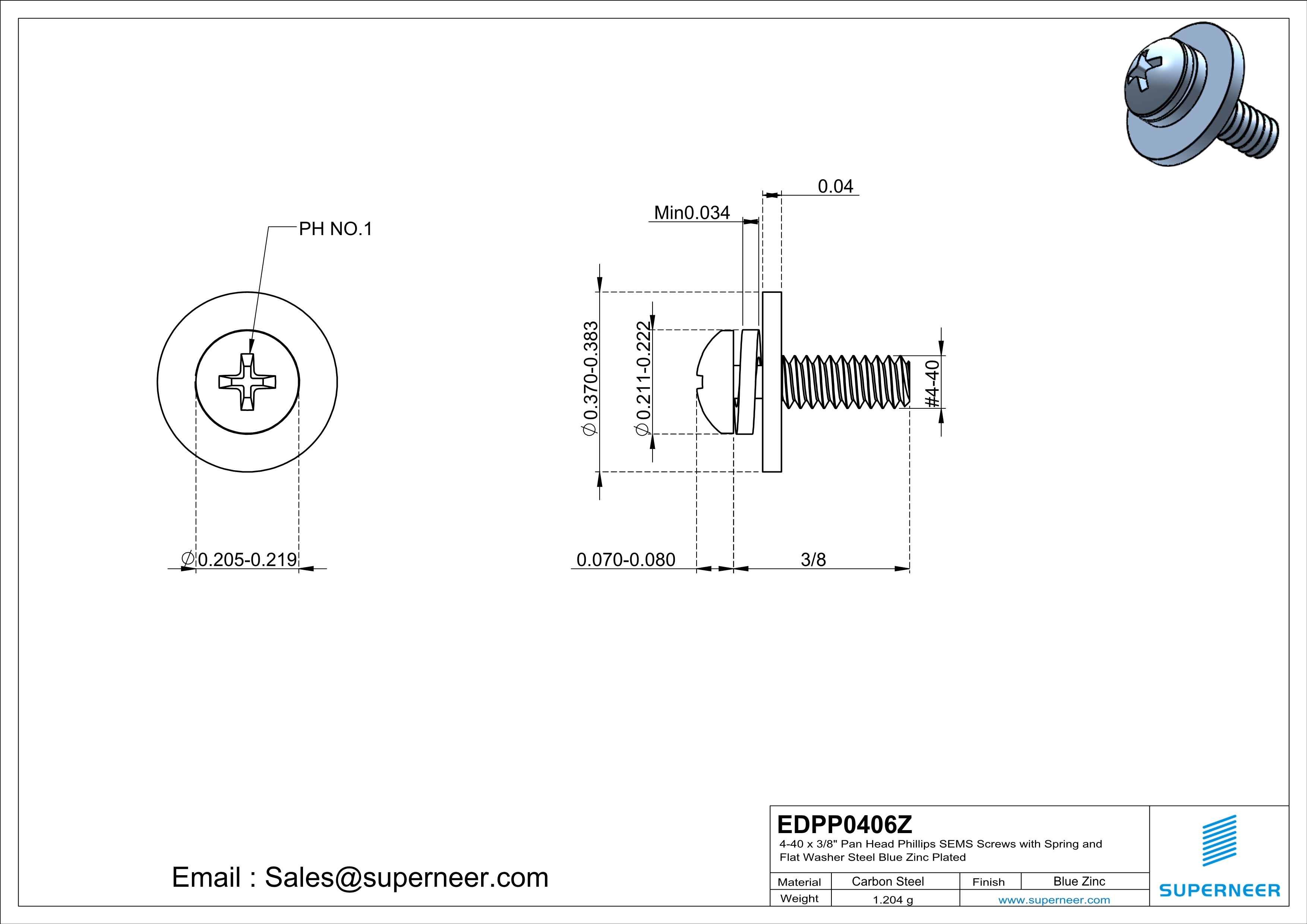 4-40 x 3/8" Pan Head Phillips SEMS Screws with Spring and Flat Washer Steel Blue Zinc Plated