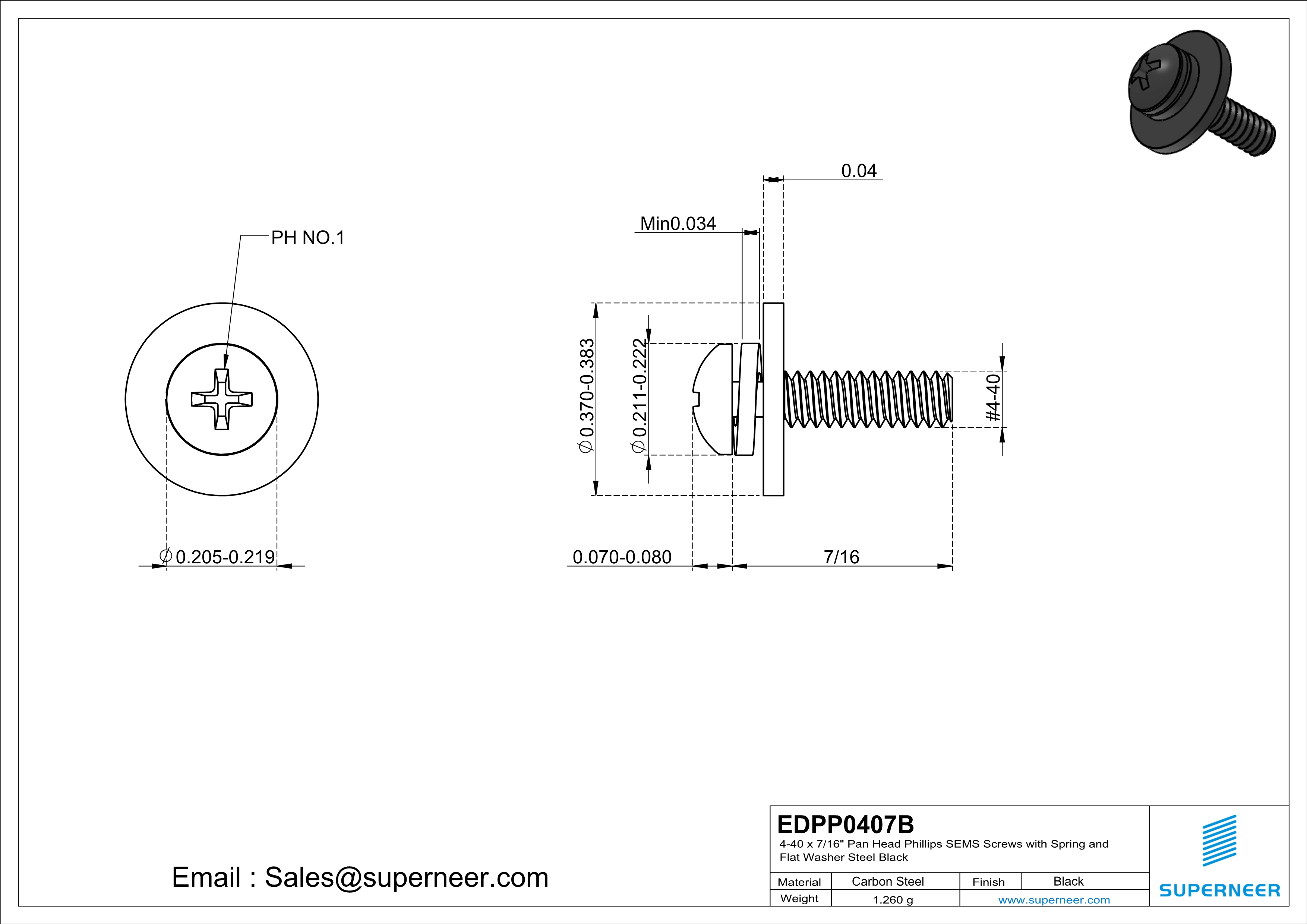 4-40 x 7/16" Pan Head Phillips SEMS Screws with Spring and Flat Washer Steel Black