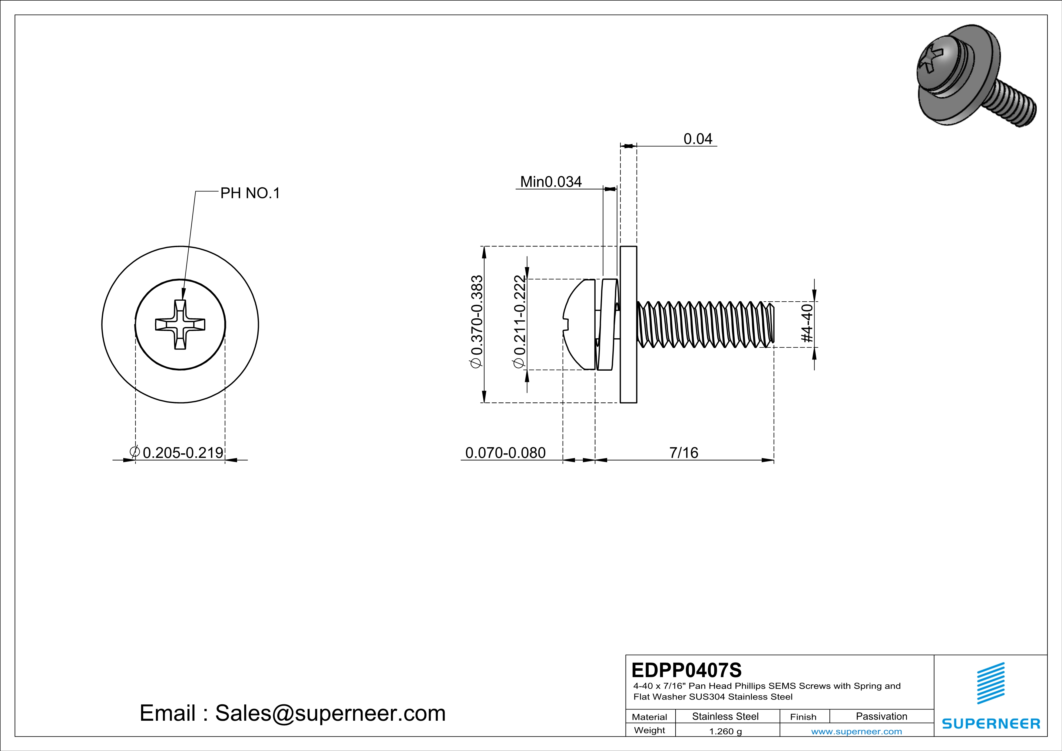 4-40 x 7/16" Pan Head Phillips SEMS Screws with Spring and Flat Washer SUS304 Stainless Steel Inox