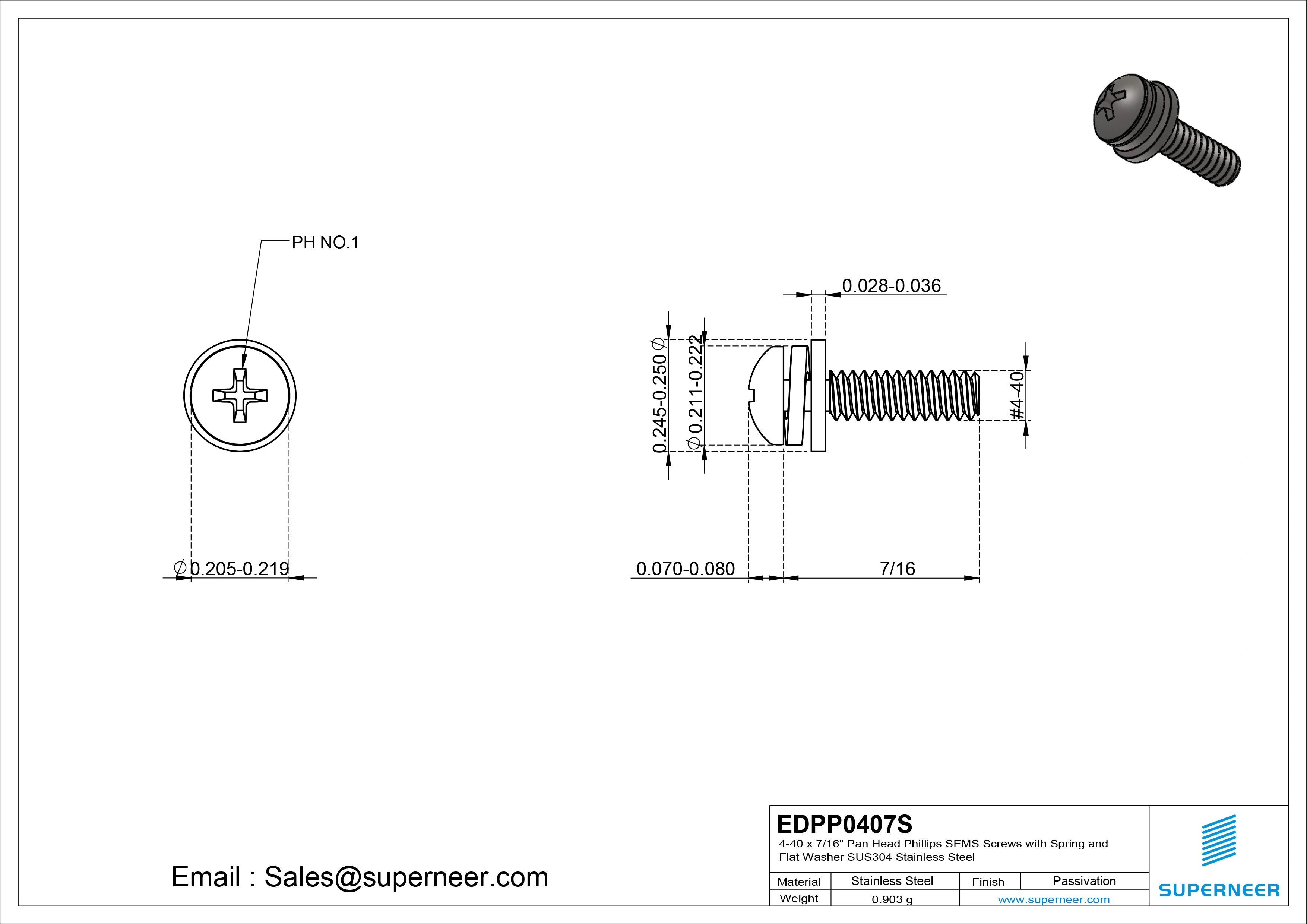 4-40 x 7/16" Pan Head Phillips SEMS Screws with Spring and Flat Washer SUS304 Stainless Steel Inox