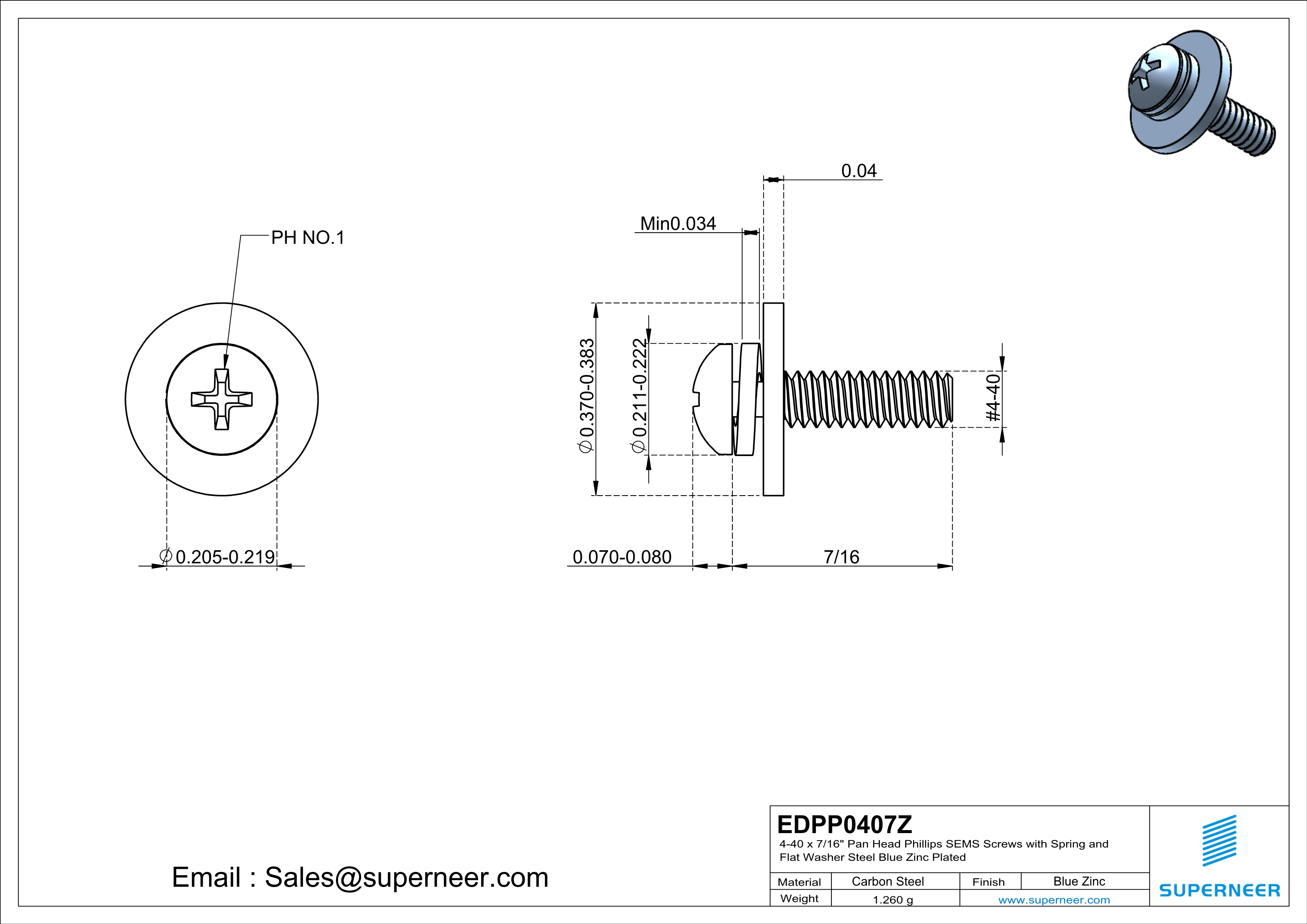 4-40 x 7/16" Pan Head Phillips SEMS Screws with Spring and Flat Washer Steel Blue Zinc Plated