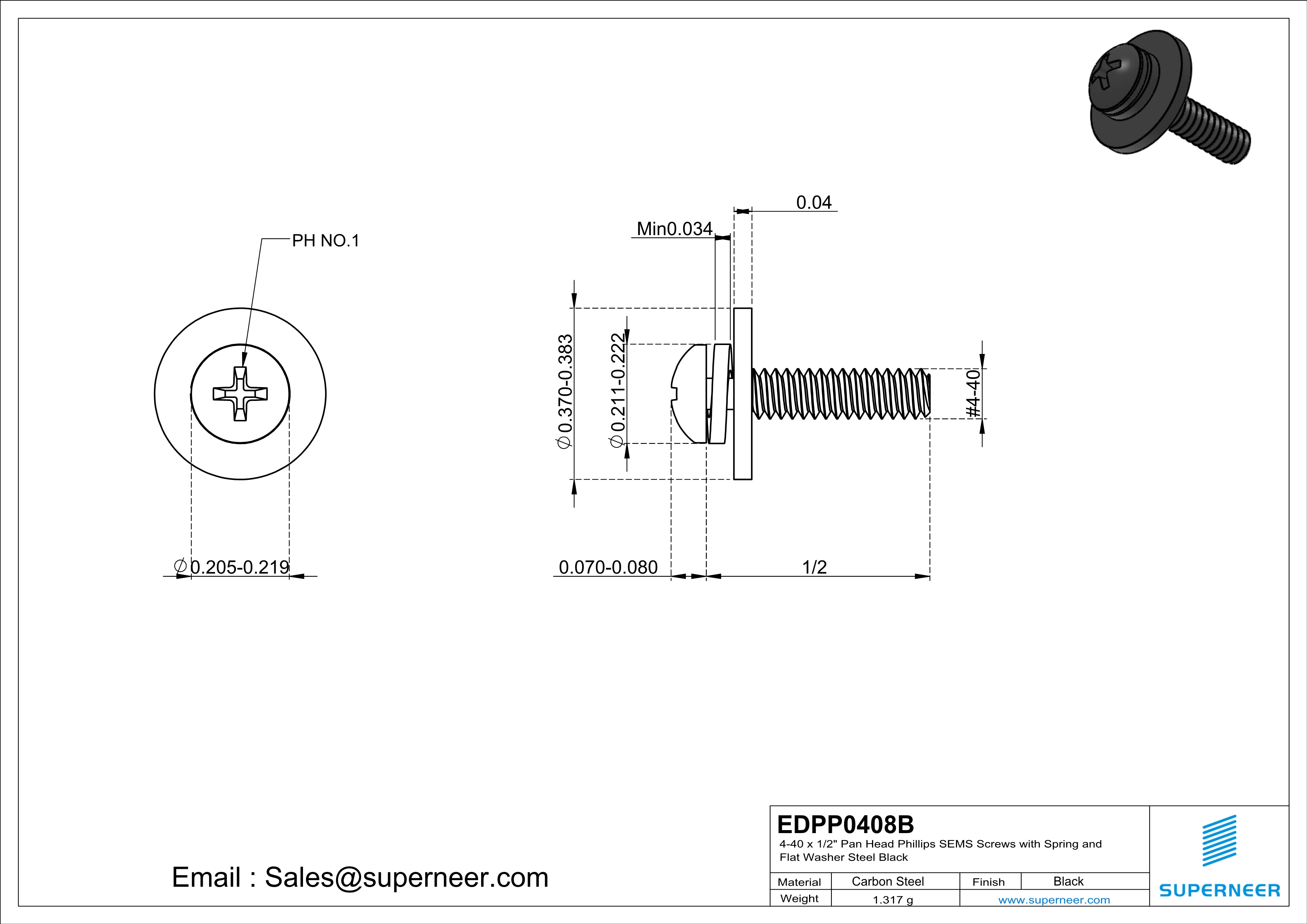 4-40 x 1/2" Pan Head Phillips SEMS Screws with Spring and Flat Washer Steel Black