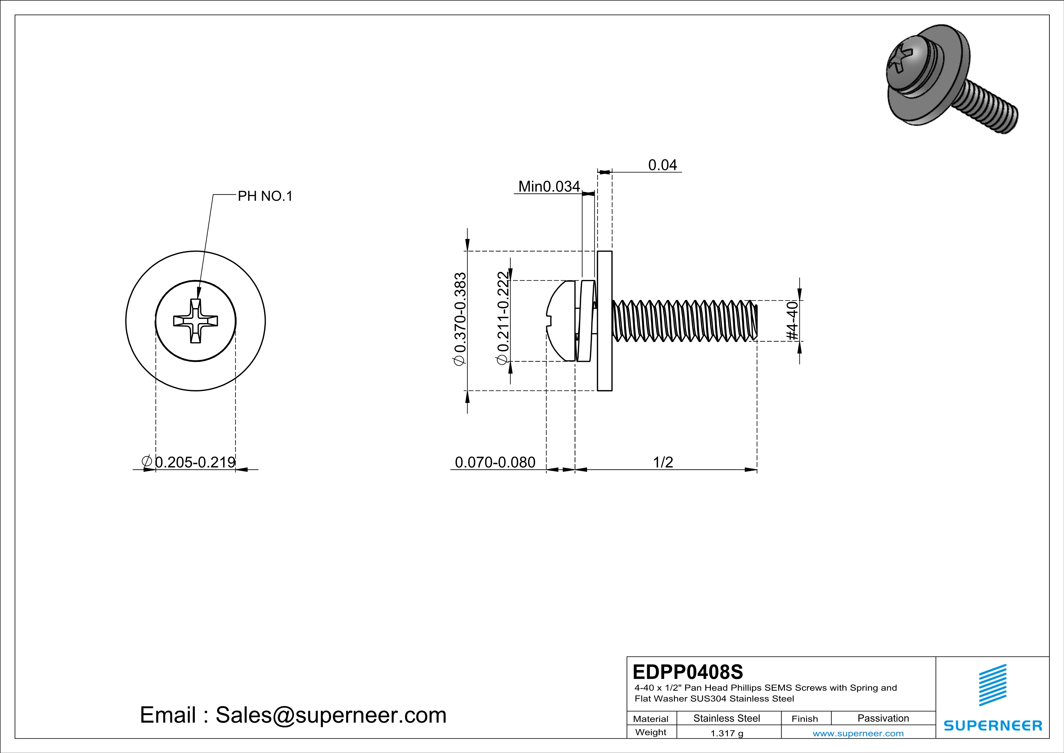 4-40 x 1/2" Pan Head Phillips SEMS Screws with Spring and Flat Washer SUS304 Stainless Steel Inox
