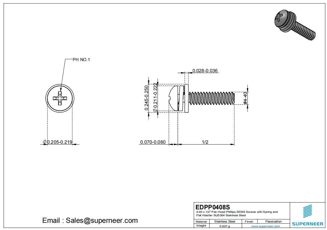 4-40 x 1/2" Pan Head Phillips SEMS Screws with Spring and Flat Washer SUS304 Stainless Steel Inox