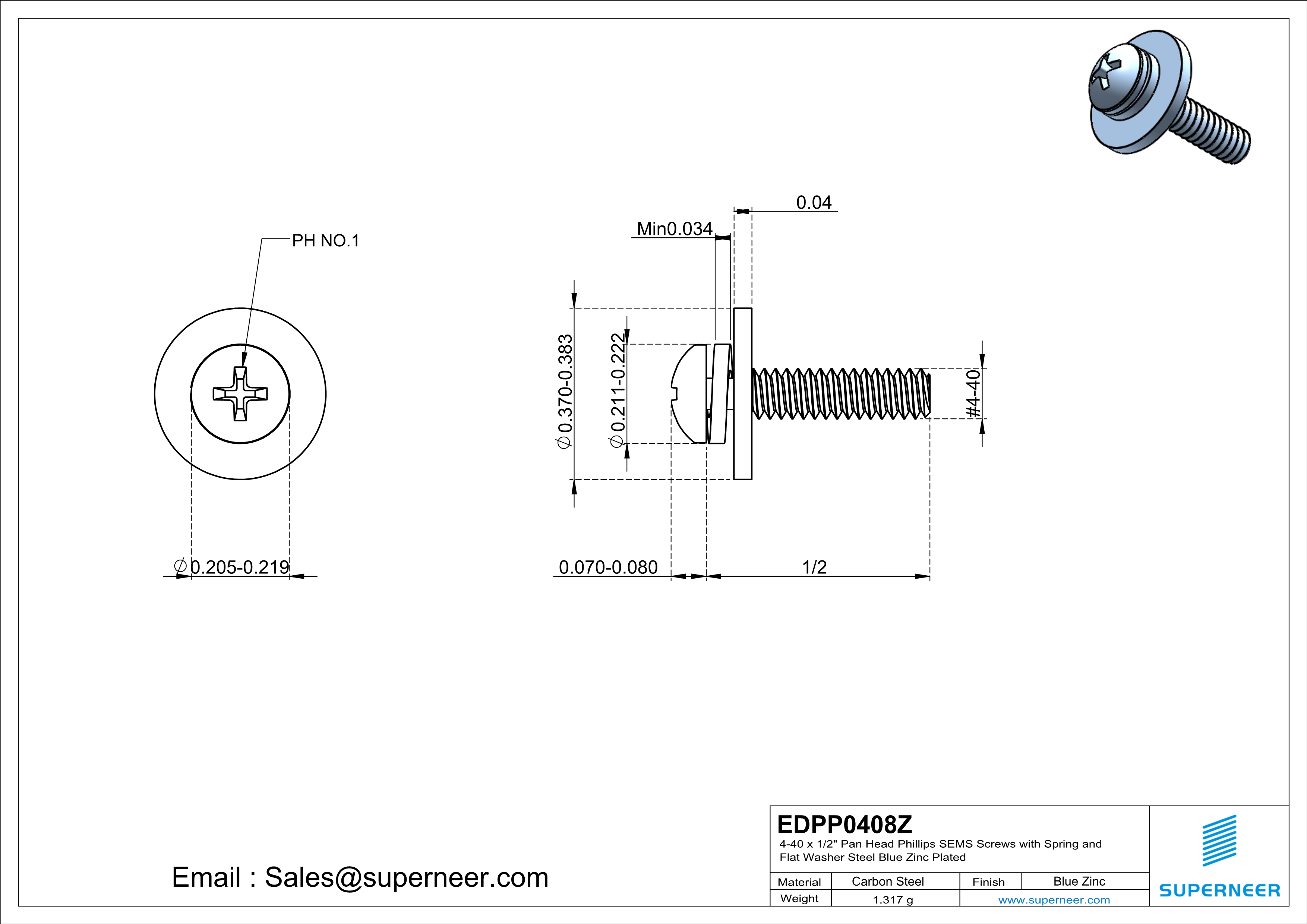 4-40 x 1/2" Pan Head Phillips SEMS Screws with Spring and Flat Washer Steel Blue Zinc Plated