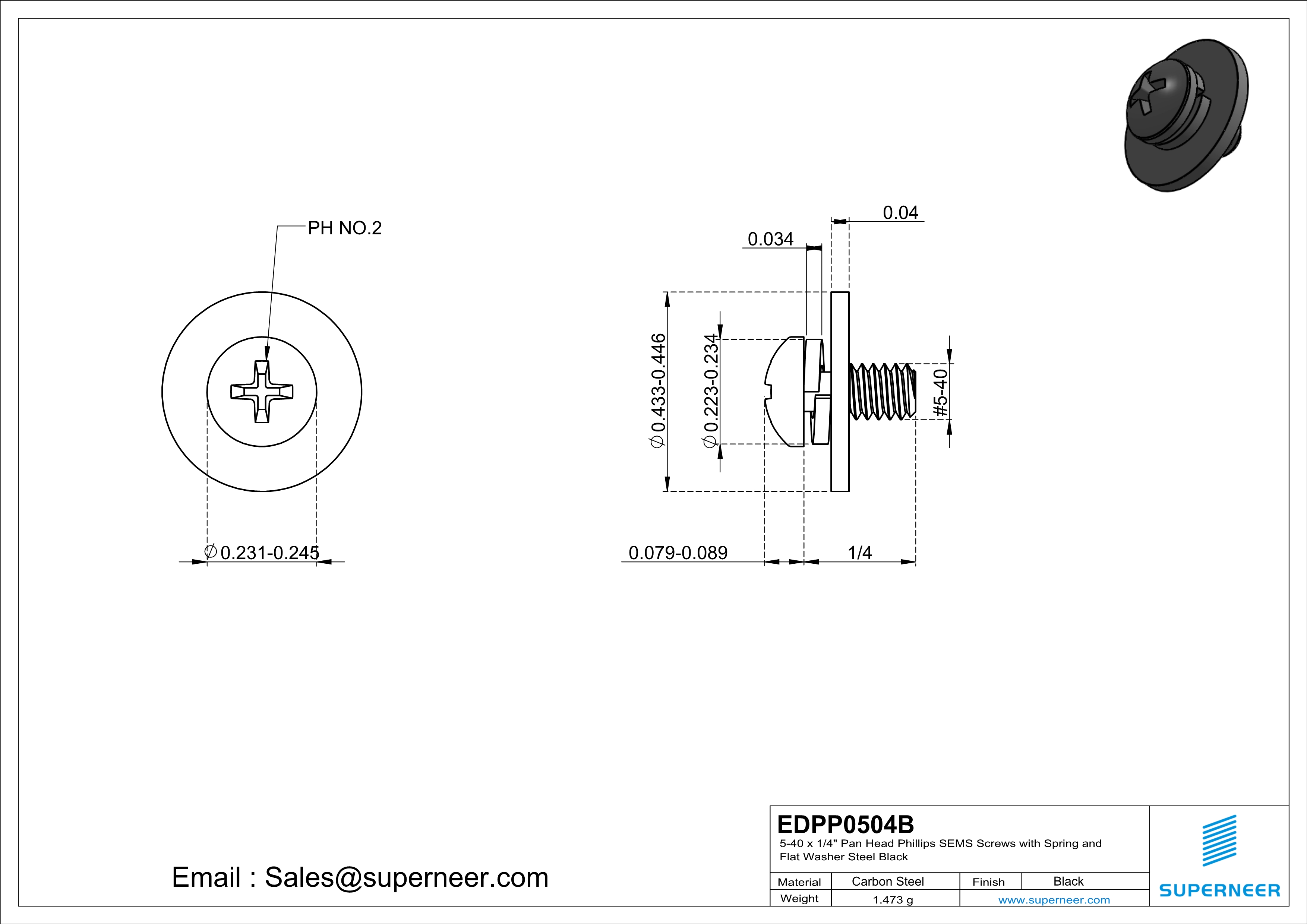 5-40 x 1/4" Pan Head Phillips SEMS Screws with Spring and Flat Washer Steel Black