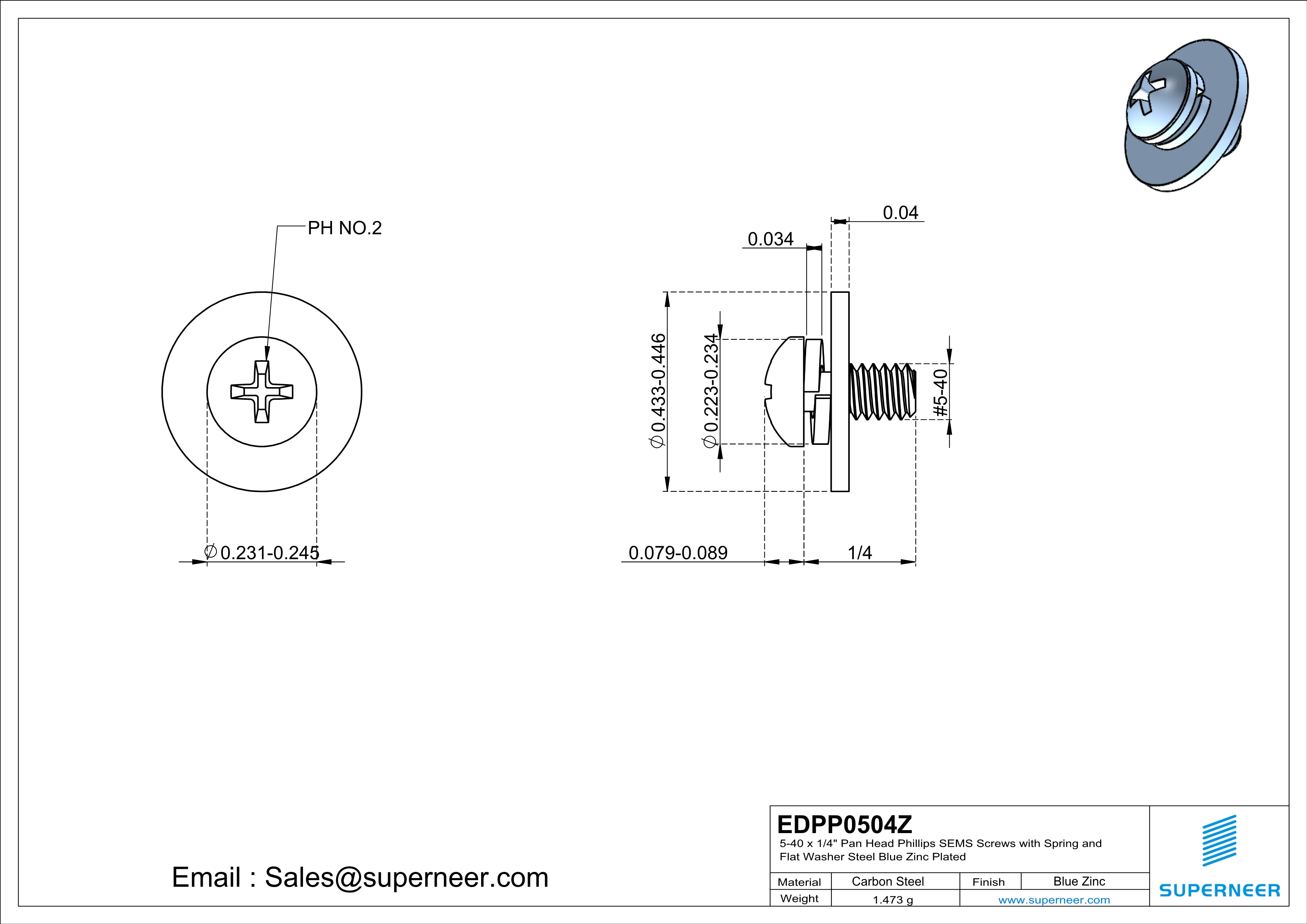 5-40 x 1/4" Pan Head Phillips SEMS Screws with Spring and Flat Washer Steel Blue Zinc Plated