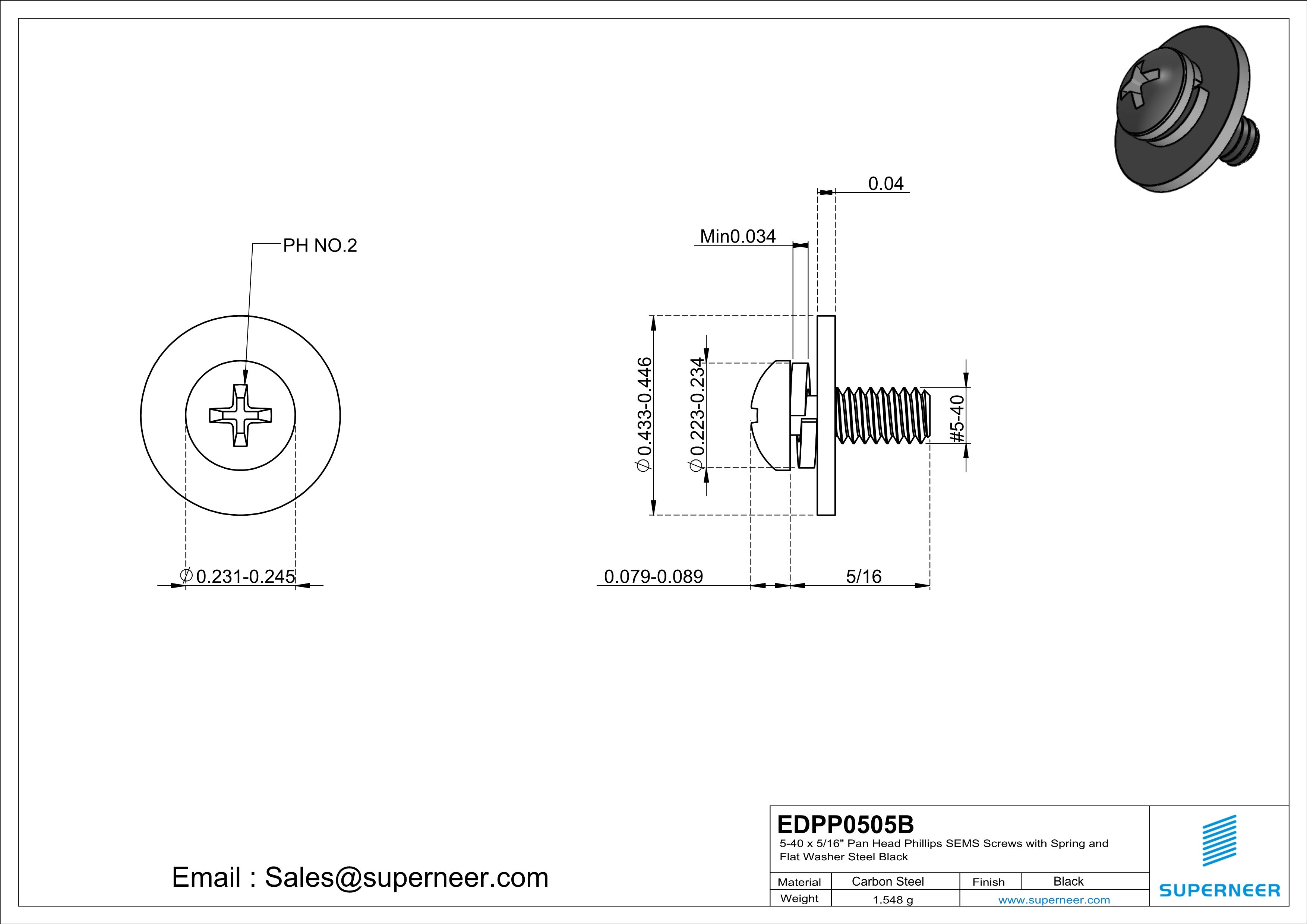 5-40 x 5/16" Pan Head Phillips SEMS Screws with Spring and Flat Washer Steel Black