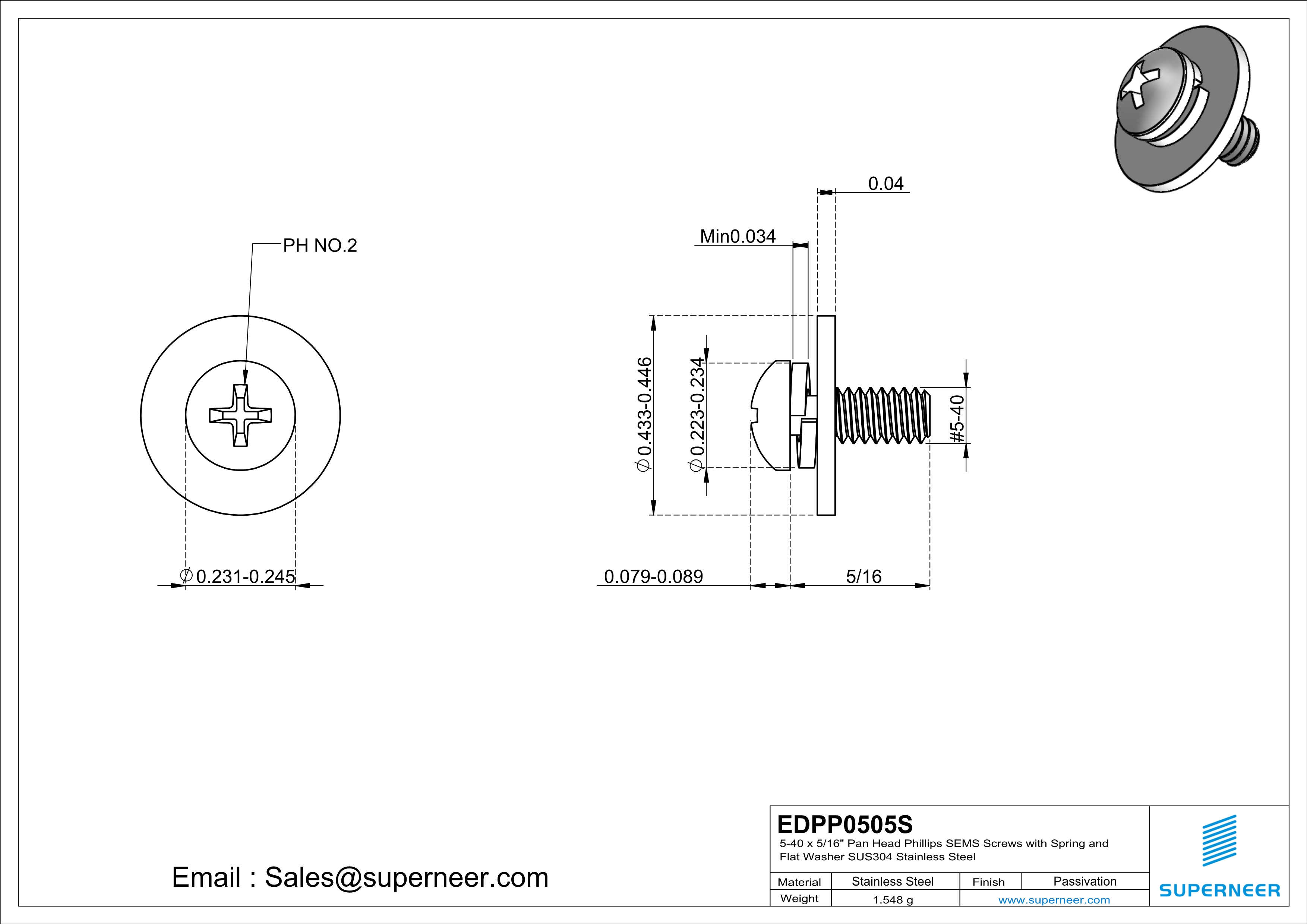 5-40 x 5/16" Pan Head Phillips SEMS Screws with Spring and Flat Washer SUS304 Stainless Steel Inox