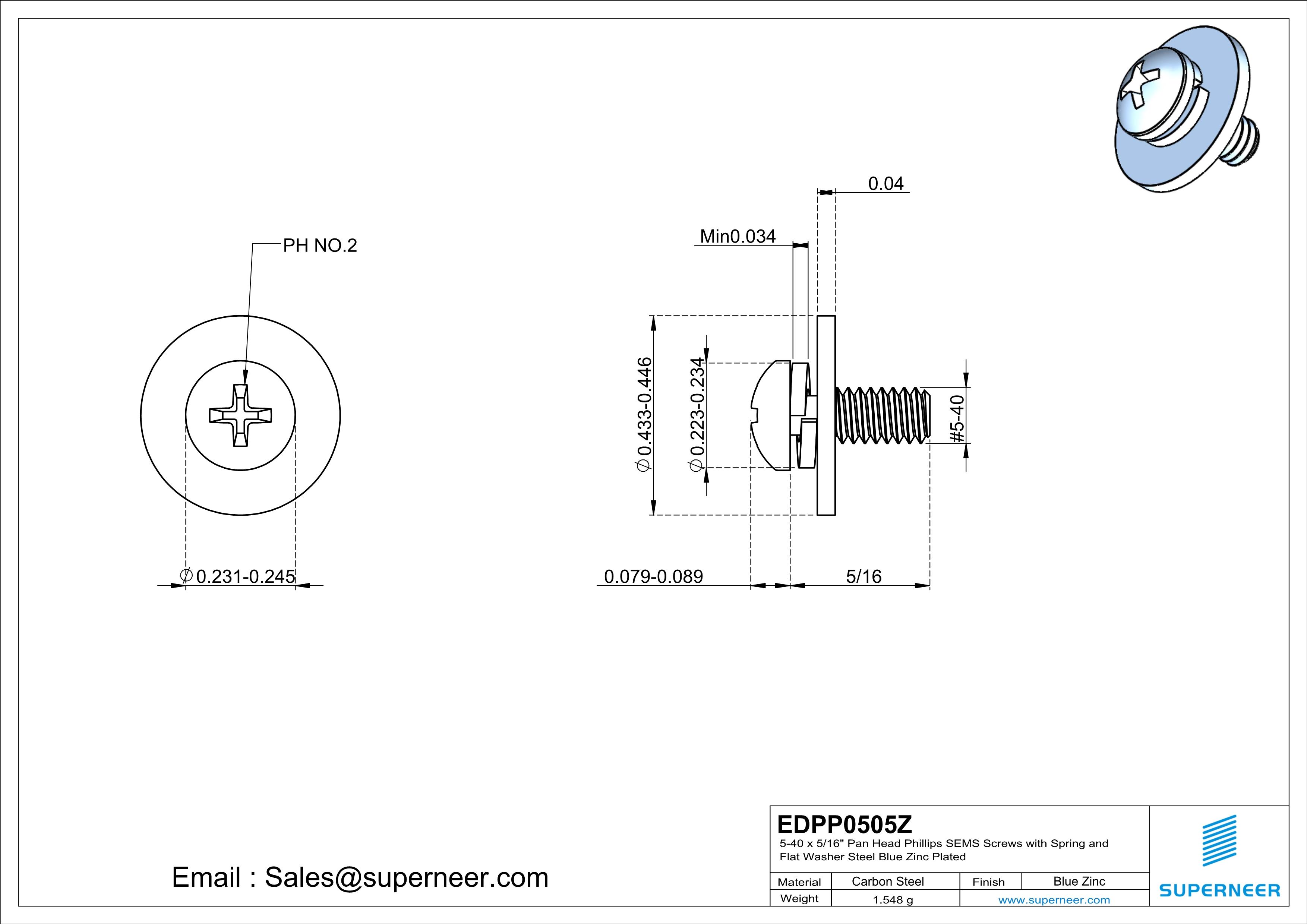 5-40 x 5/16" Pan Head Phillips SEMS Screws with Spring and Flat Washer Steel Blue Zinc Plated