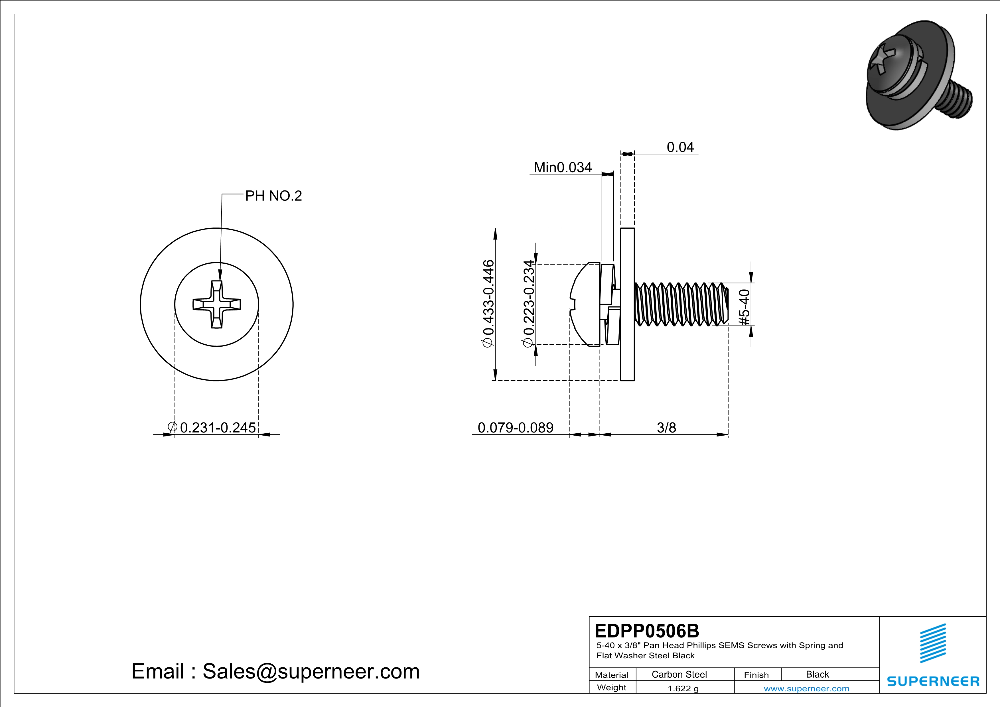 5-40 x 3/8" Pan Head Phillips SEMS Screws with Spring and Flat Washer Steel Black