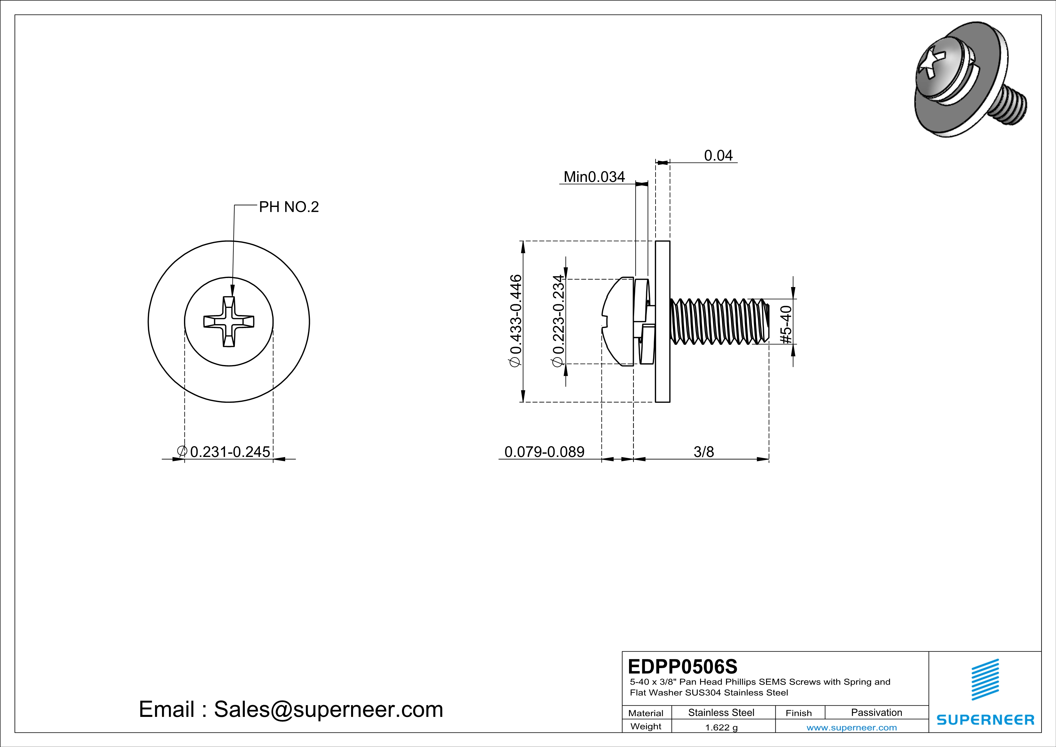 5-40 x 3/8" Pan Head Phillips SEMS Screws with Spring and Flat Washer SUS304 Stainless Steel Inox