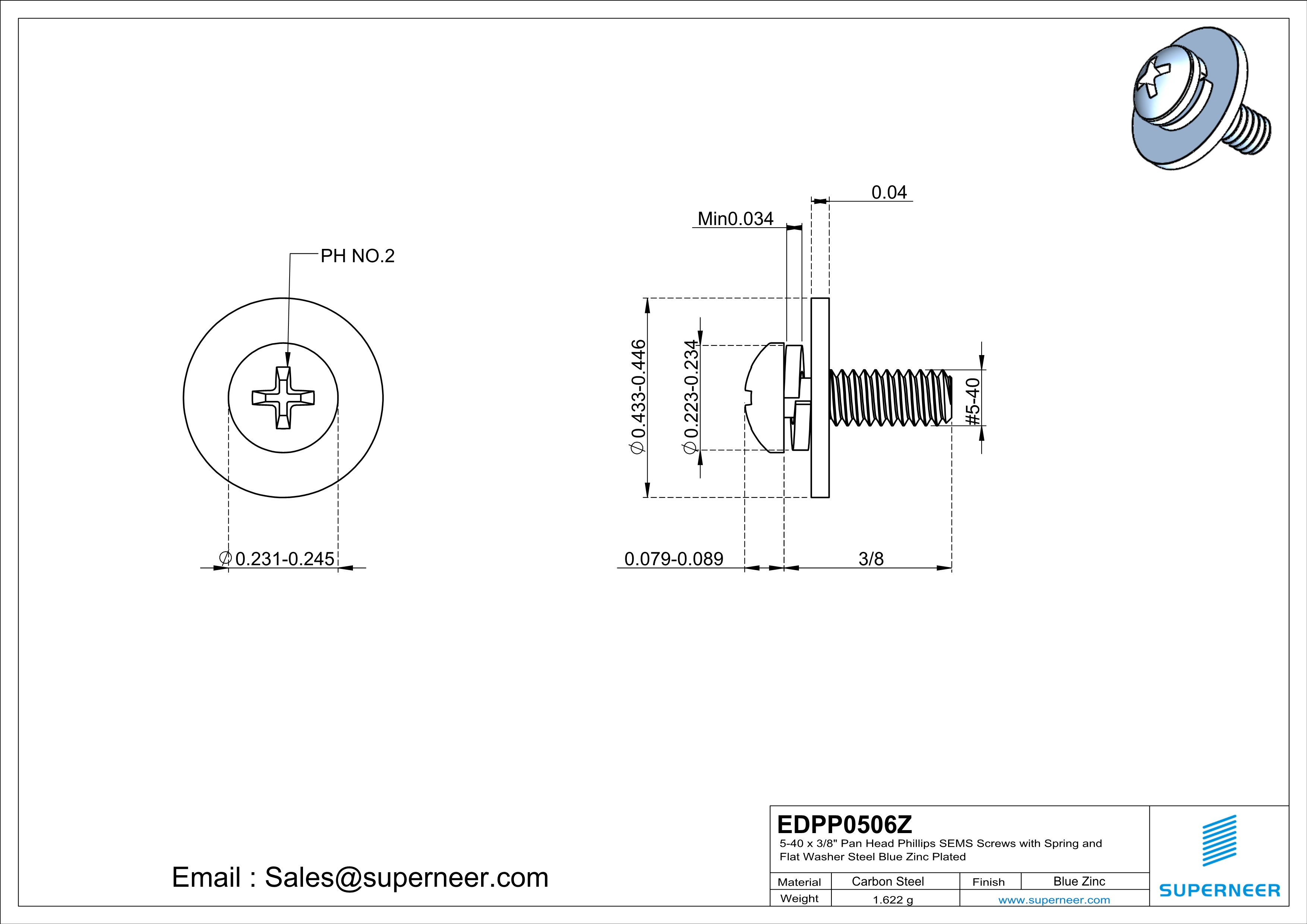 5-40 x 3/8" Pan Head Phillips SEMS Screws with Spring and Flat Washer Steel Blue Zinc Plated