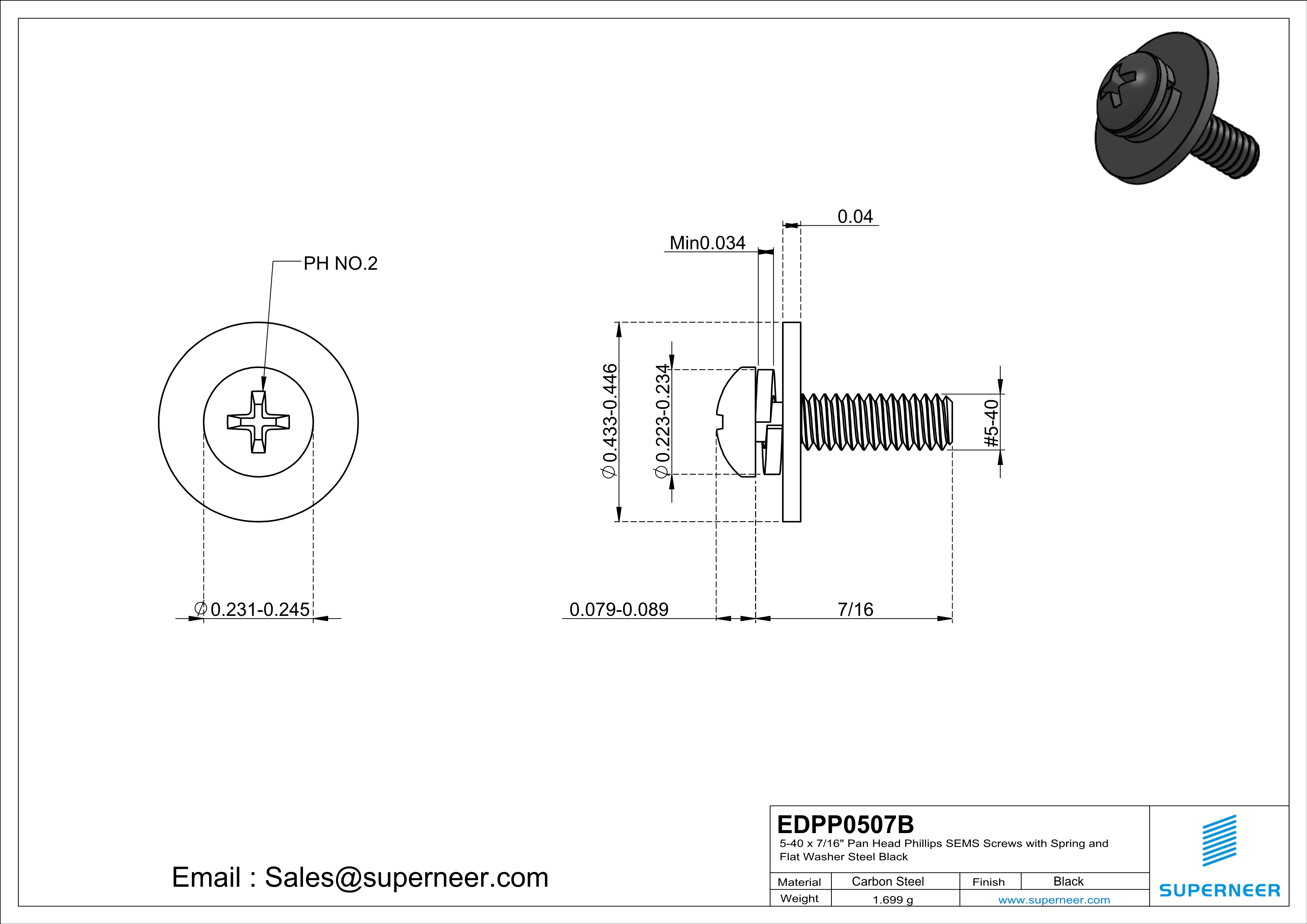 5-40 x 7/16" Pan Head Phillips SEMS Screws with Spring and Flat Washer Steel Black