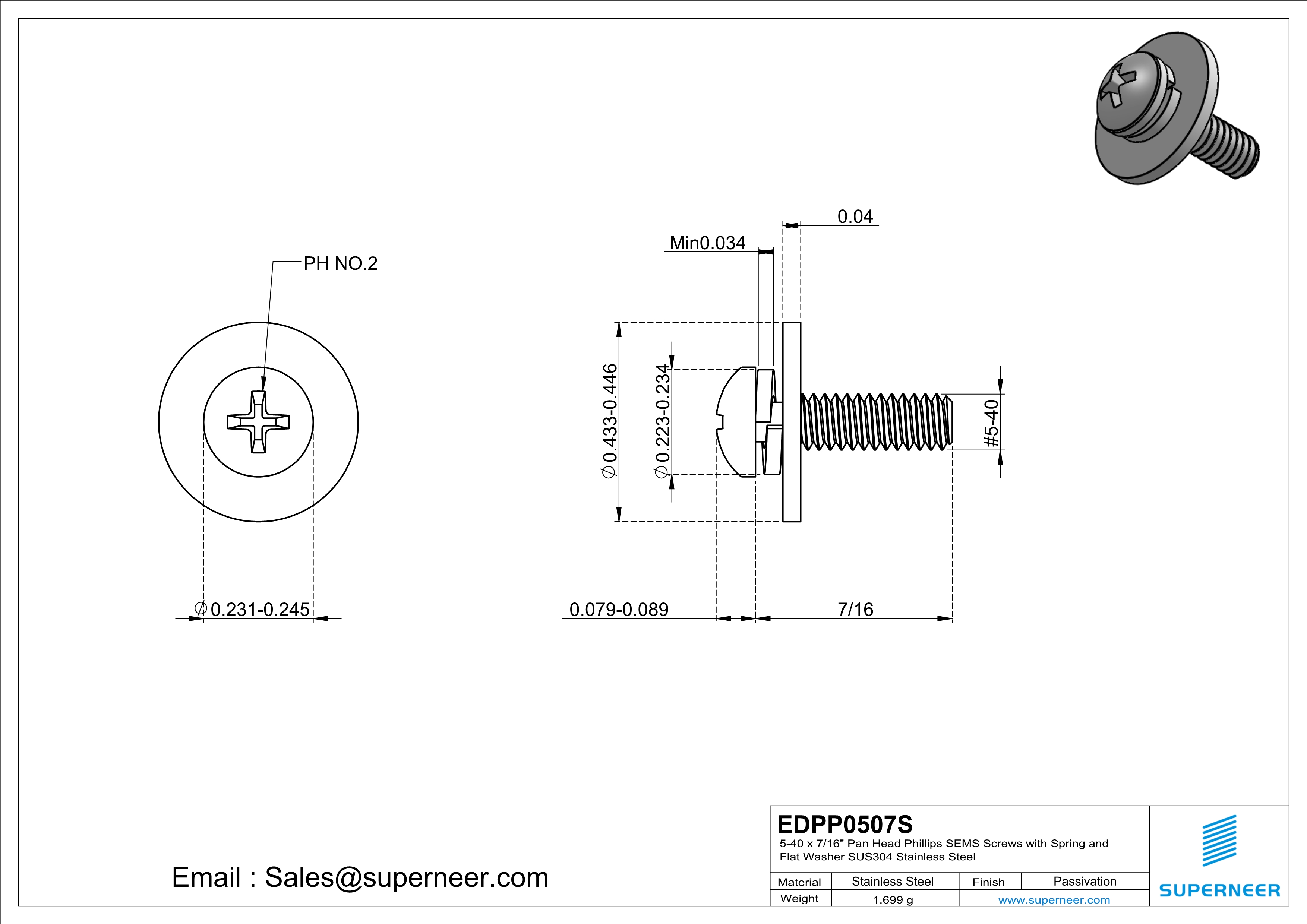 5-40 x 7/16" Pan Head Phillips SEMS Screws with Spring and Flat Washer SUS304 Stainless Steel Inox