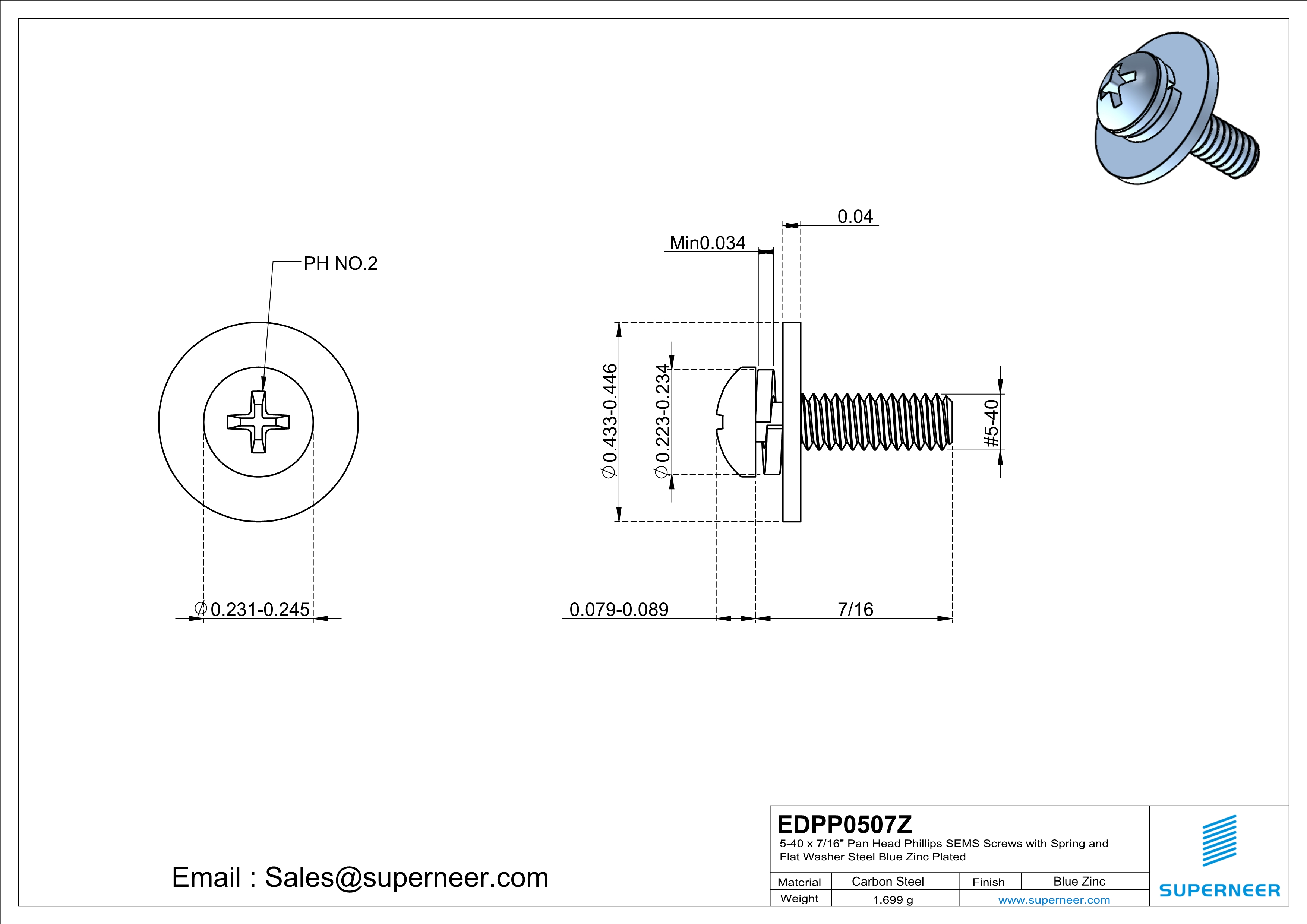 5-40 x 7/16" Pan Head Phillips SEMS Screws with Spring and Flat Washer Steel Blue Zinc Plated