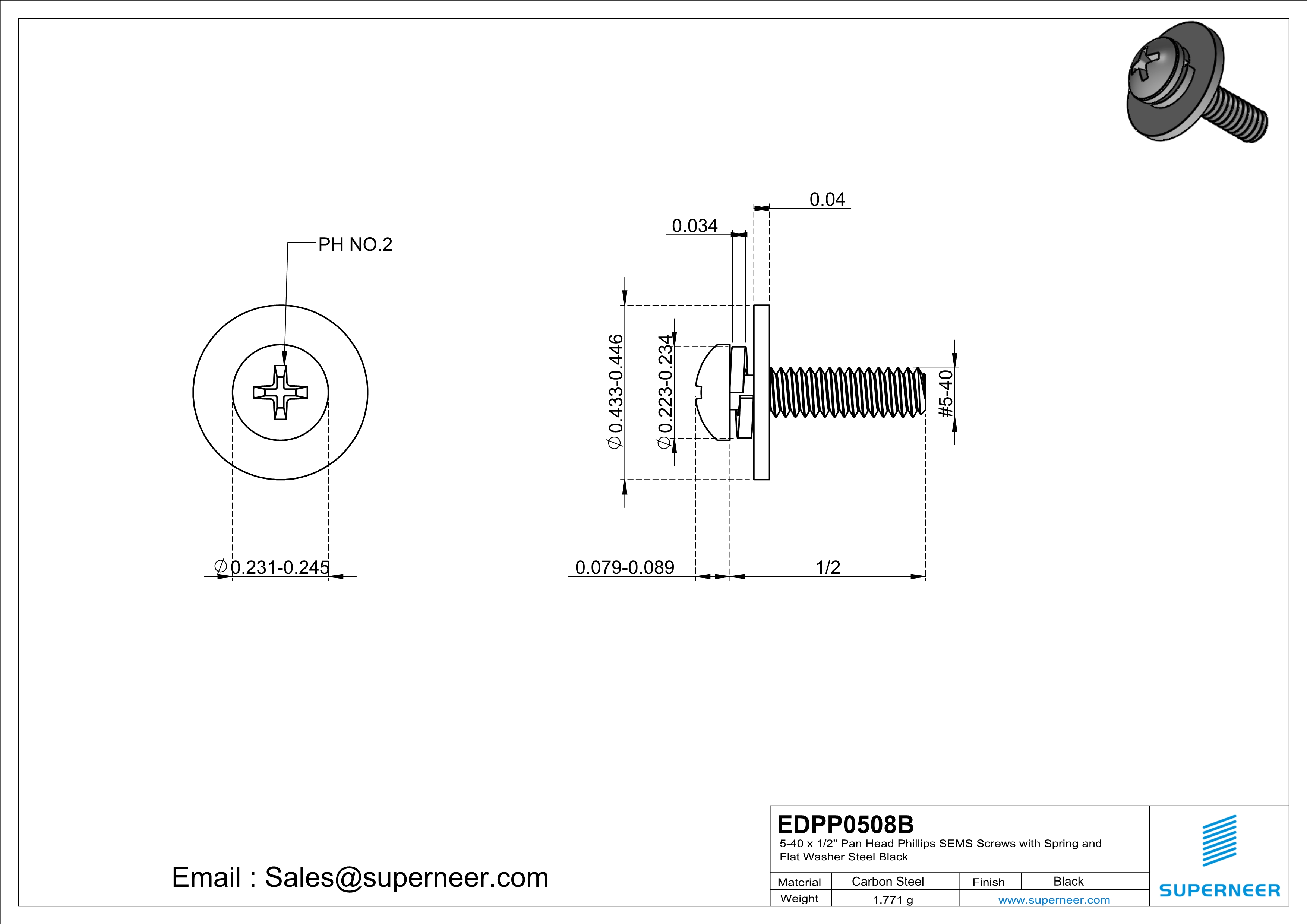 5-40 x 1/2" Pan Head Phillips SEMS Screws with Spring and Flat Washer Steel Black