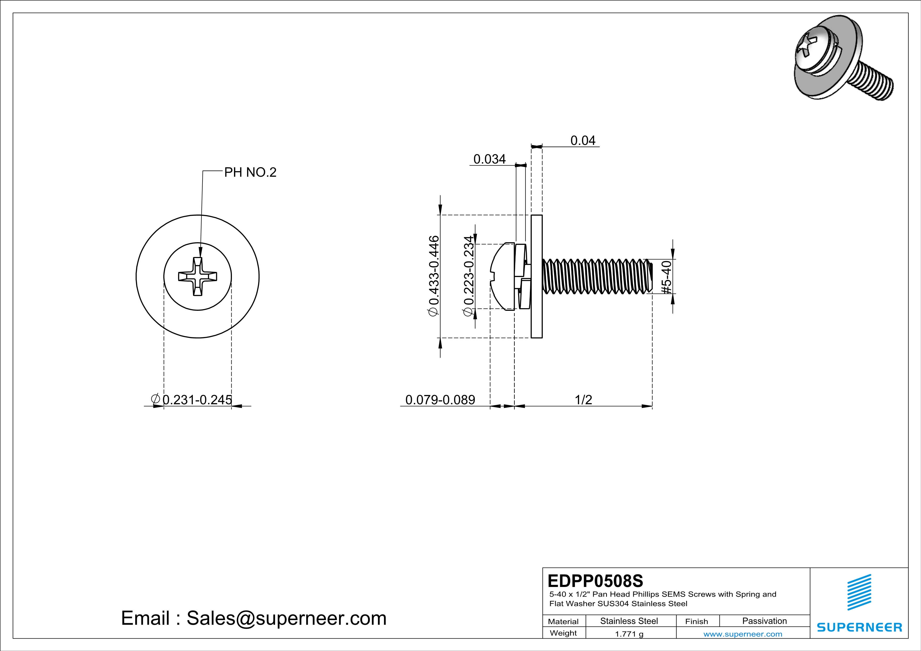 5-40 x 1/2" Pan Head Phillips SEMS Screws with Spring and Flat Washer SUS304 Stainless Steel Inox