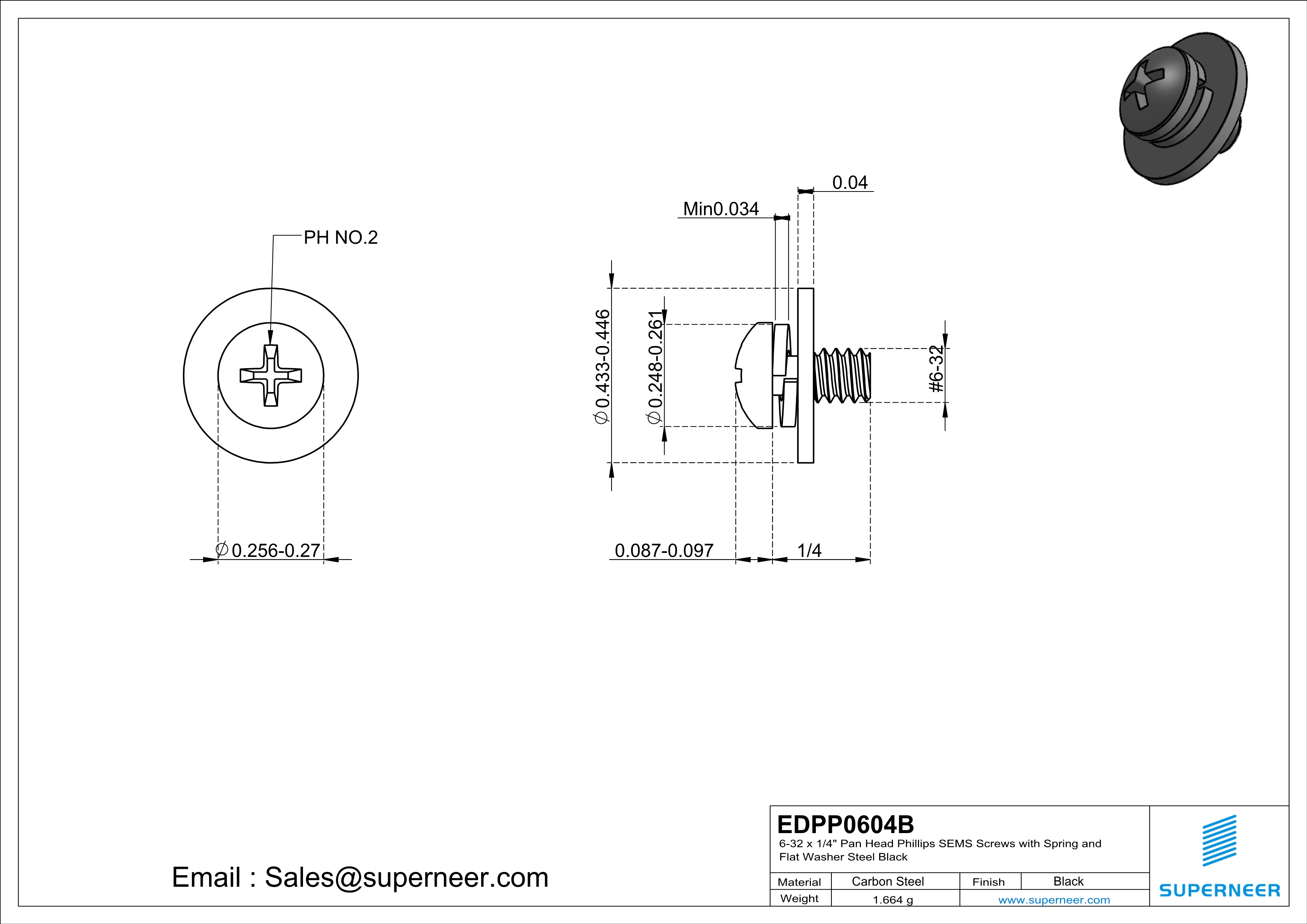 6-32 x 1/4" Pan Head Phillips SEMS Screws with Spring and Flat Washer Steel Black