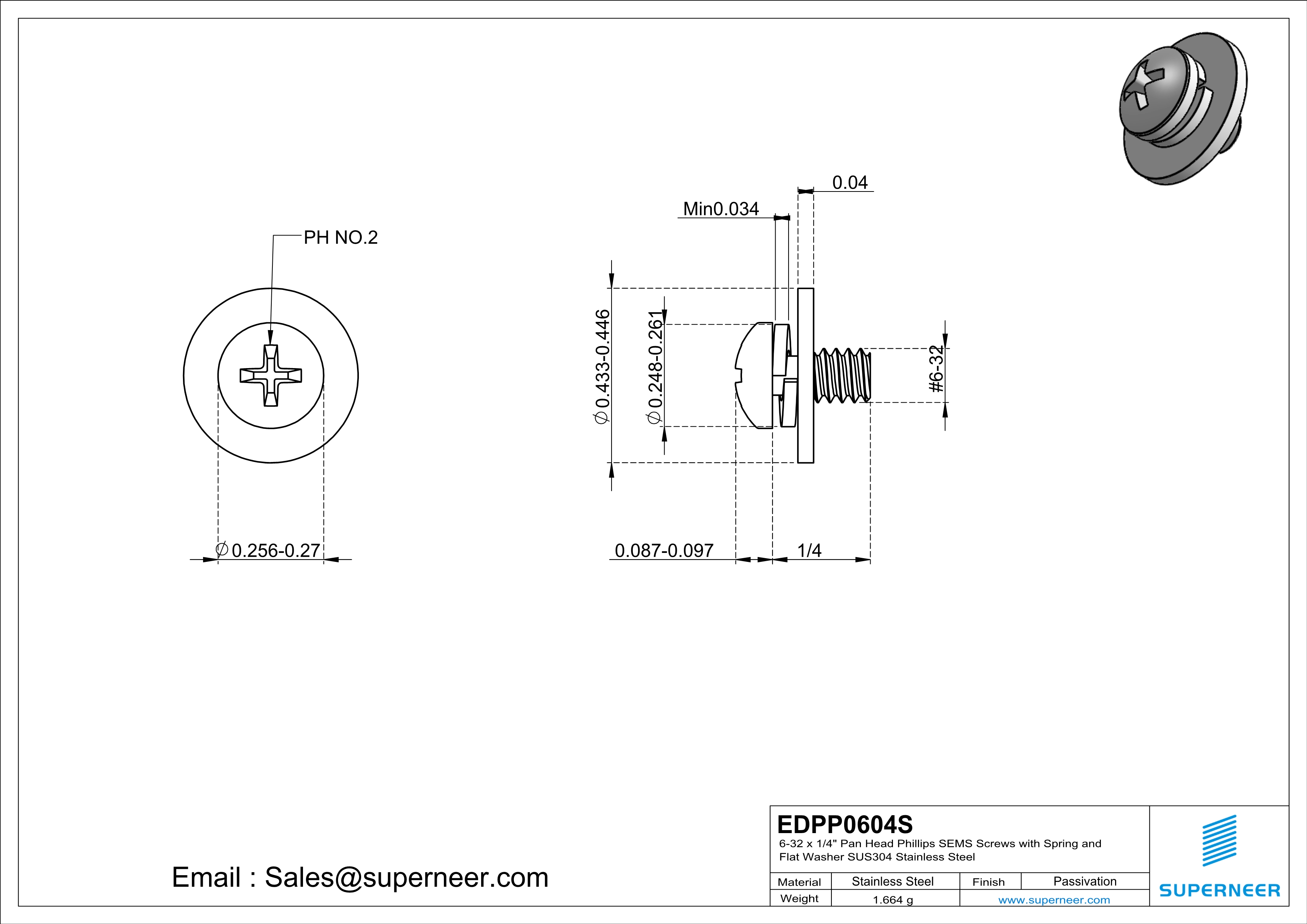 6-32 x 1/4" Pan Head Phillips SEMS Screws with Spring and Flat Washer SUS304 Stainless Steel Inox