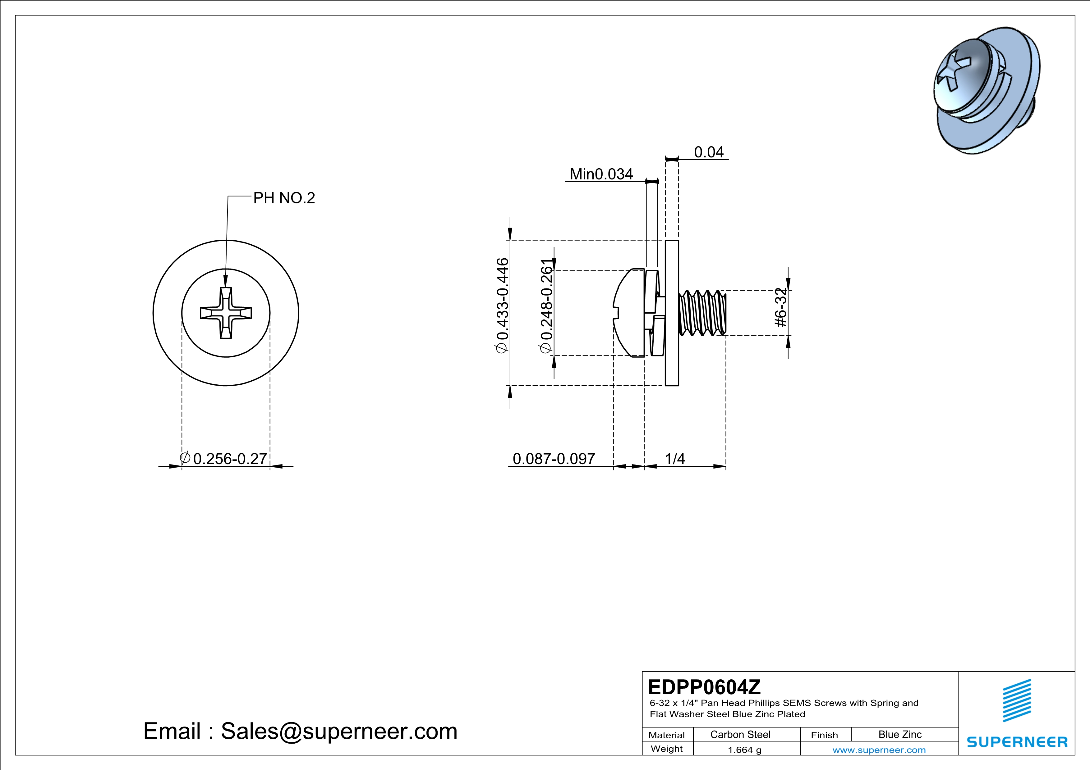 6-32 x 1/4" Pan Head Phillips SEMS Screws with Spring and Flat Washer Steel Blue Zinc Plated