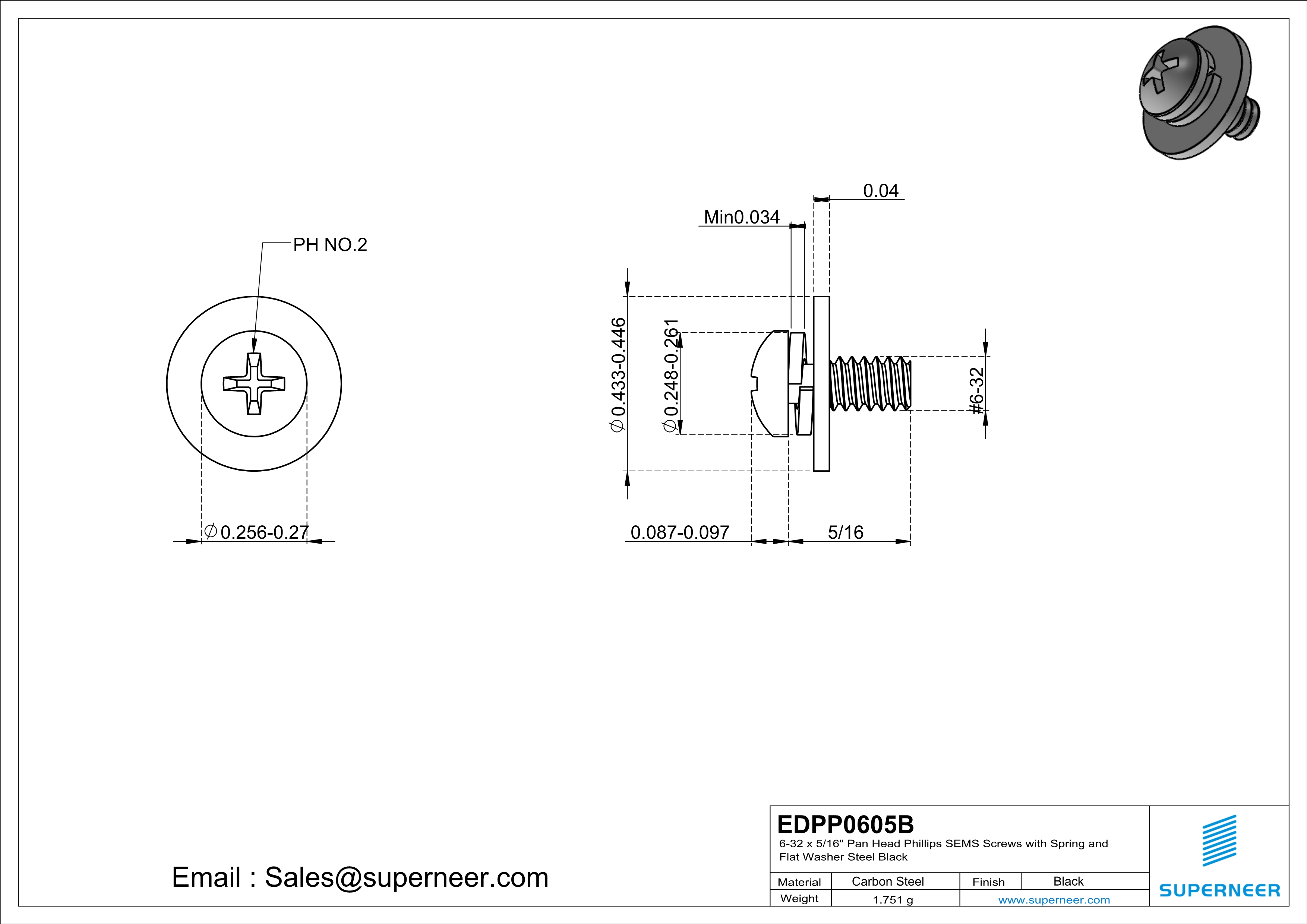 6-32 x 5/16" Pan Head Phillips SEMS Screws with Spring and Flat Washer Steel Black