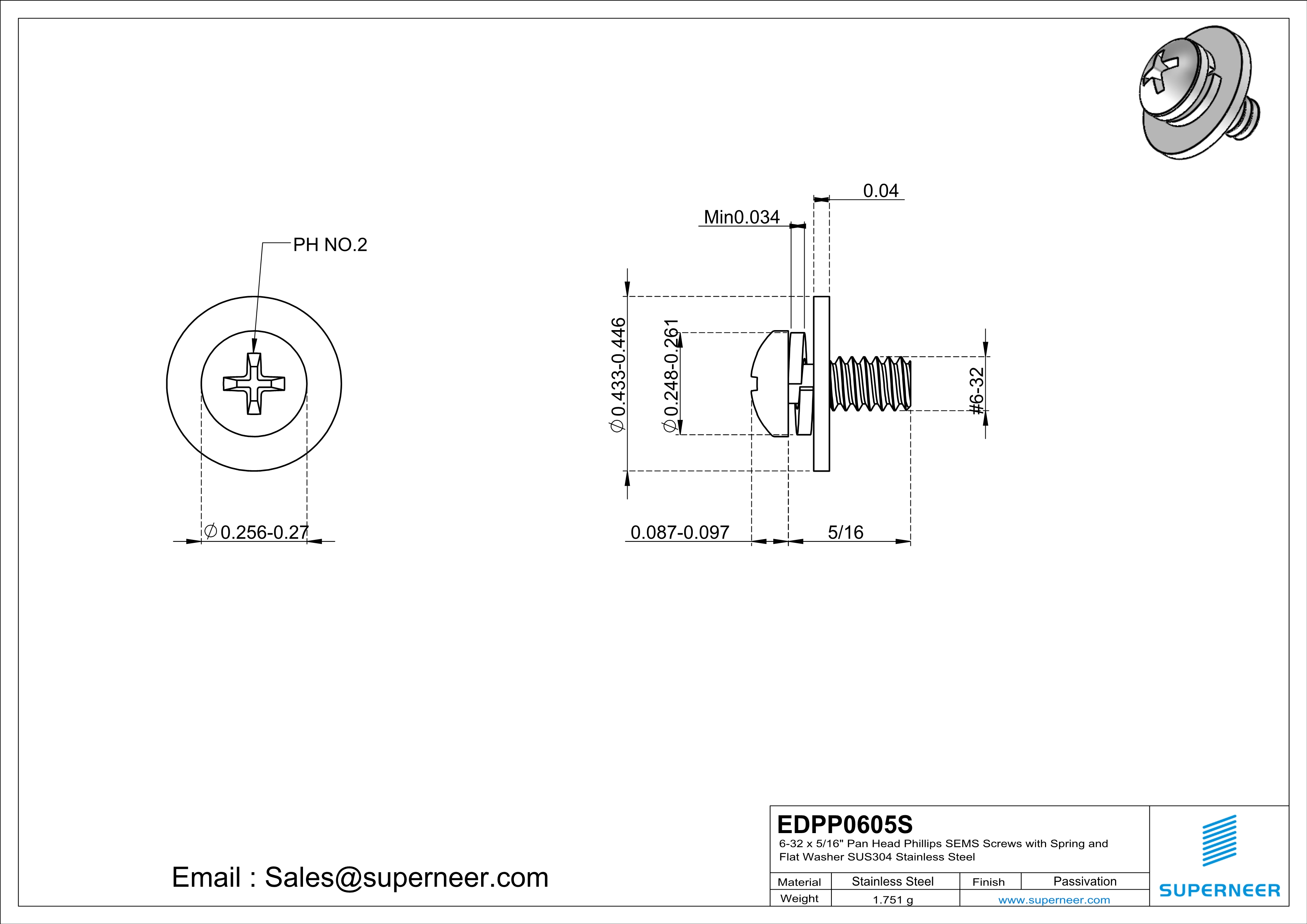 6-32 x 5/16" Pan Head Phillips SEMS Screws with Spring and Flat Washer SUS304 Stainless Steel Inox