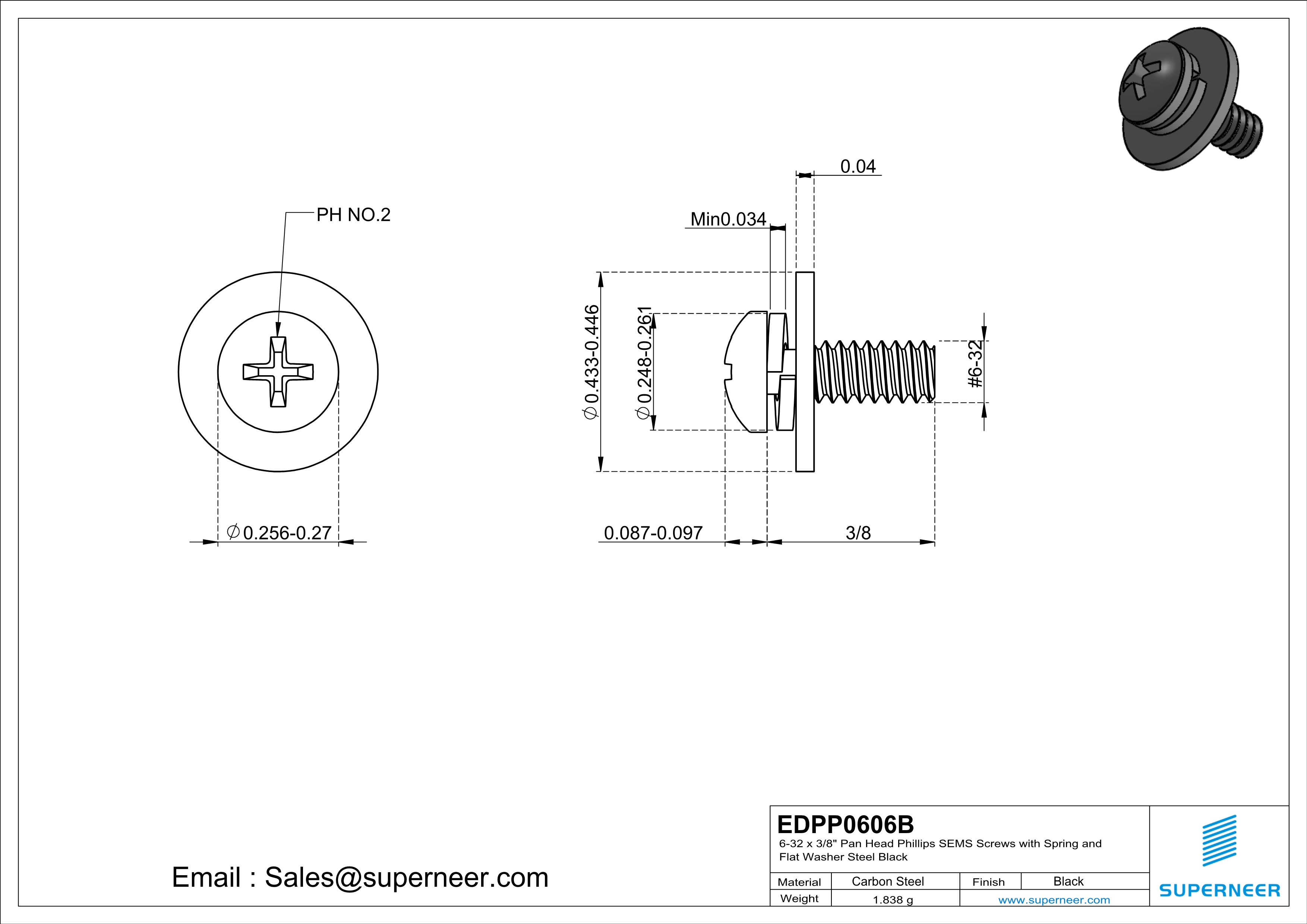 6-32 x 3/8" Pan Head Phillips SEMS Screws with Spring and Flat Washer Steel Black