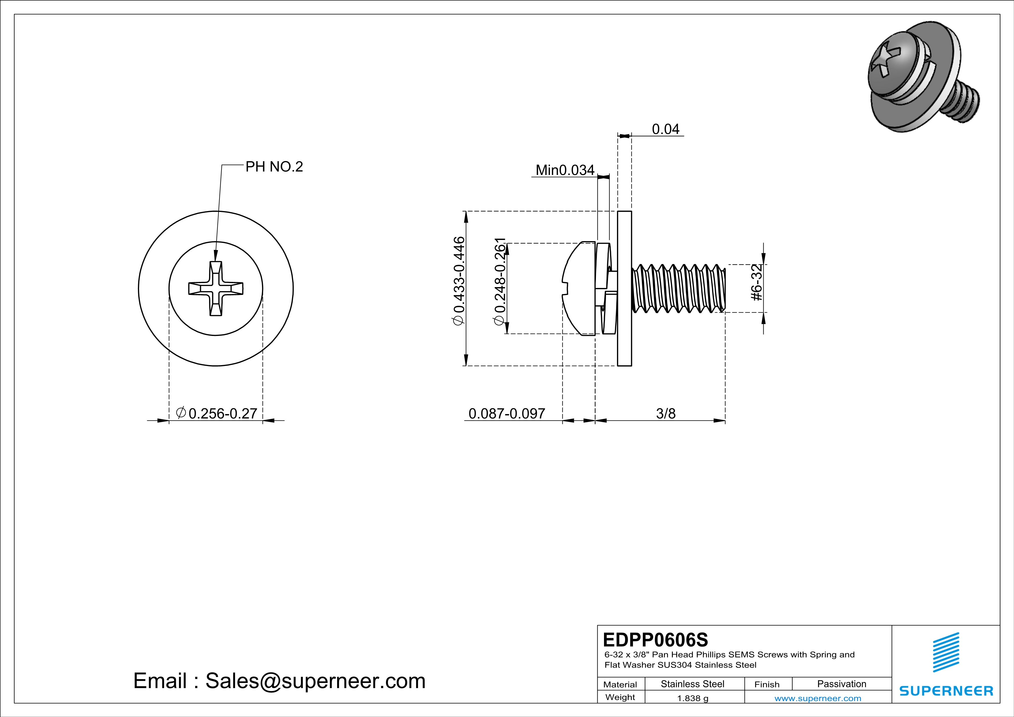 6-32 x 3/8" Pan Head Phillips SEMS Screws with Spring and Flat Washer SUS304 Stainless Steel Inox