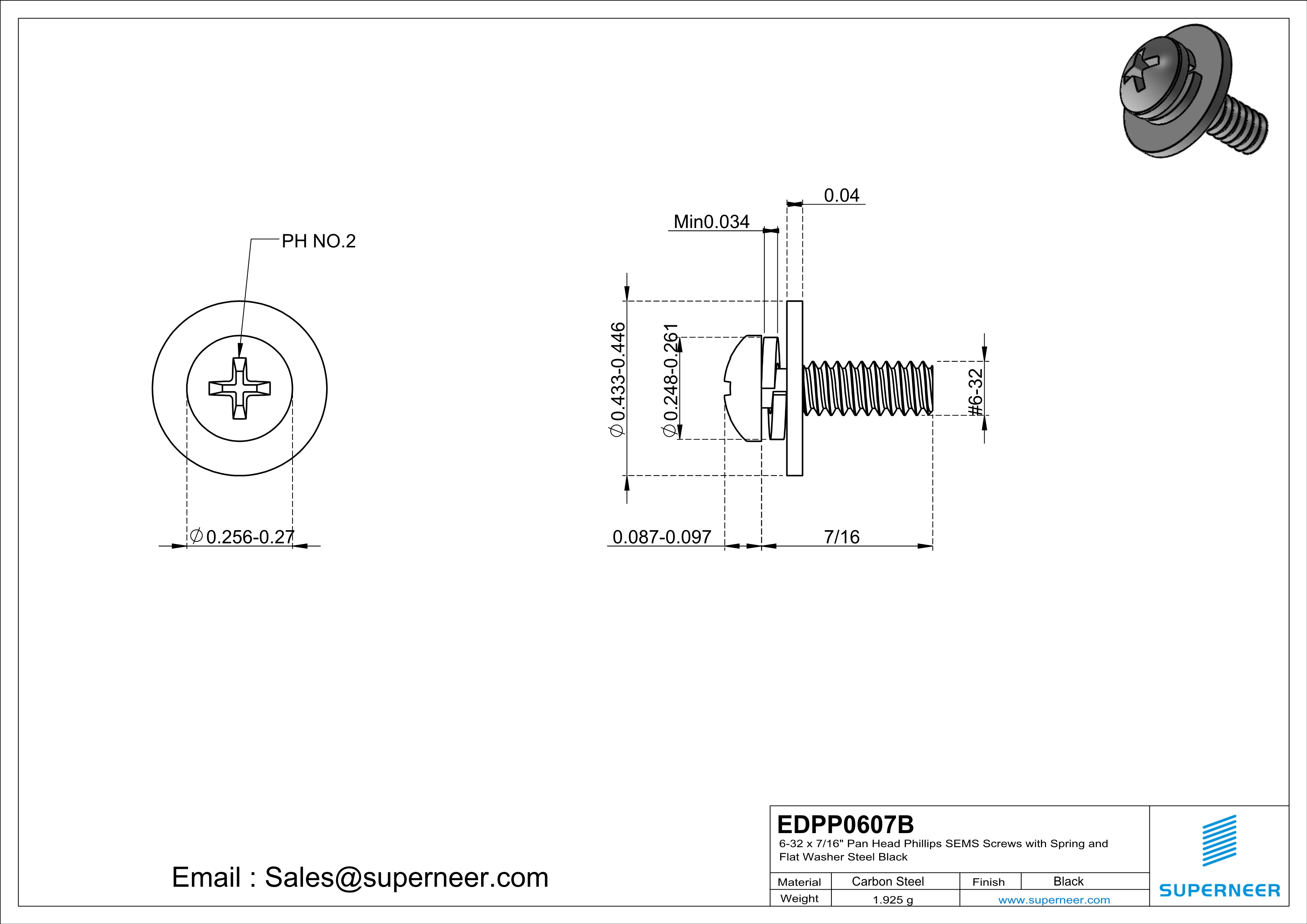 6-32 x 7/16" Pan Head Phillips SEMS Screws with Spring and Flat Washer Steel Black