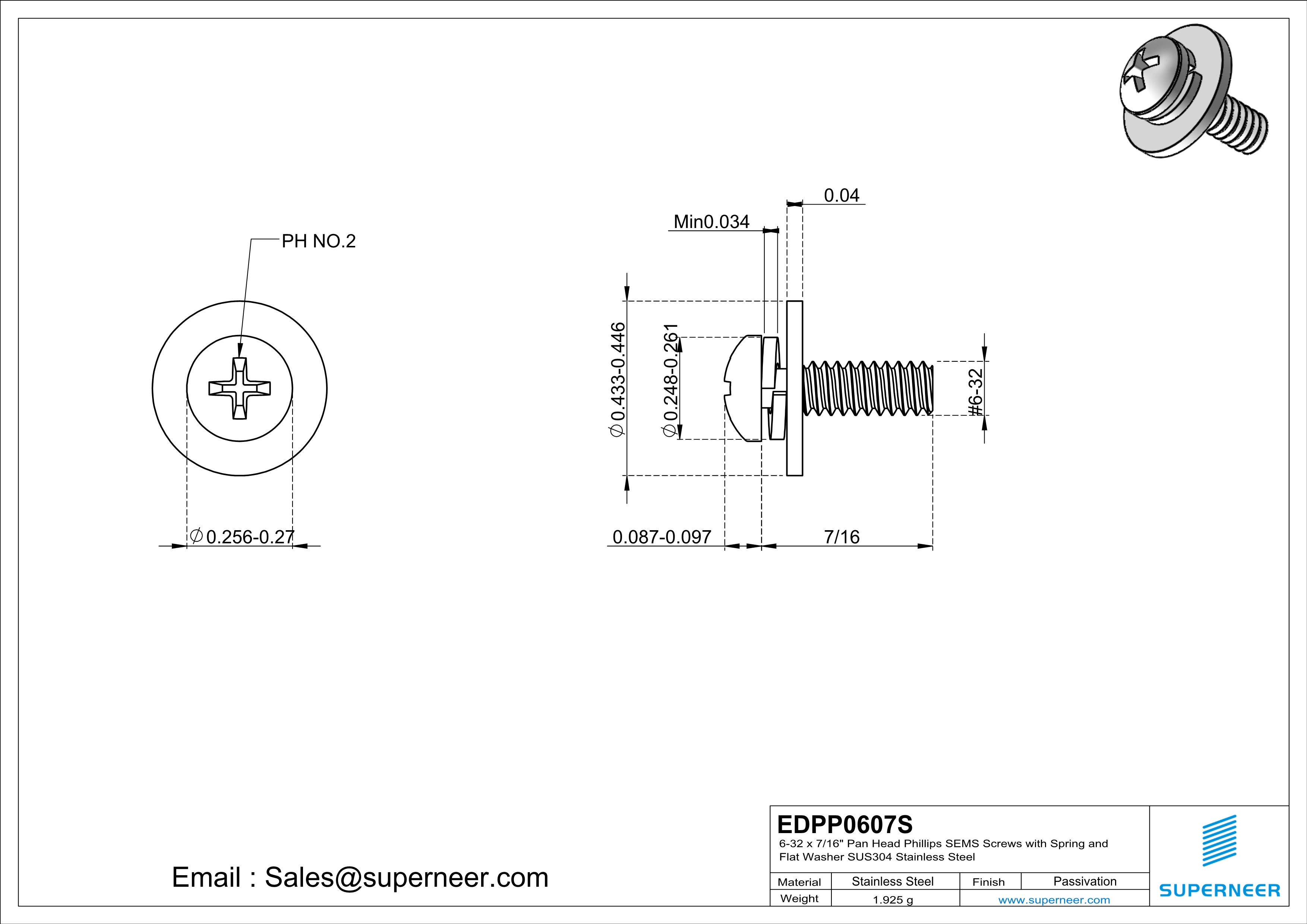 6-32 x 7/16" Pan Head Phillips SEMS Screws with Spring and Flat Washer SUS304 Stainless Steel Inox