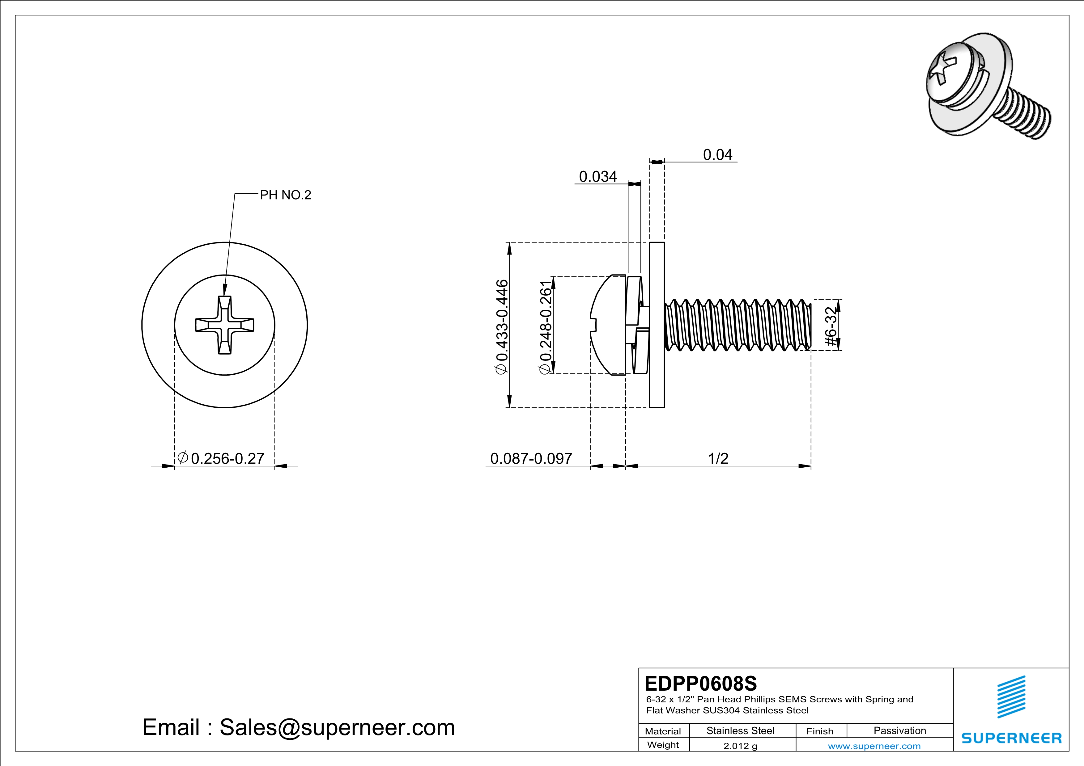 6-32 x 1/2" Pan Head Phillips SEMS Screws with Spring and Flat Washer SUS304 Stainless Steel Inox