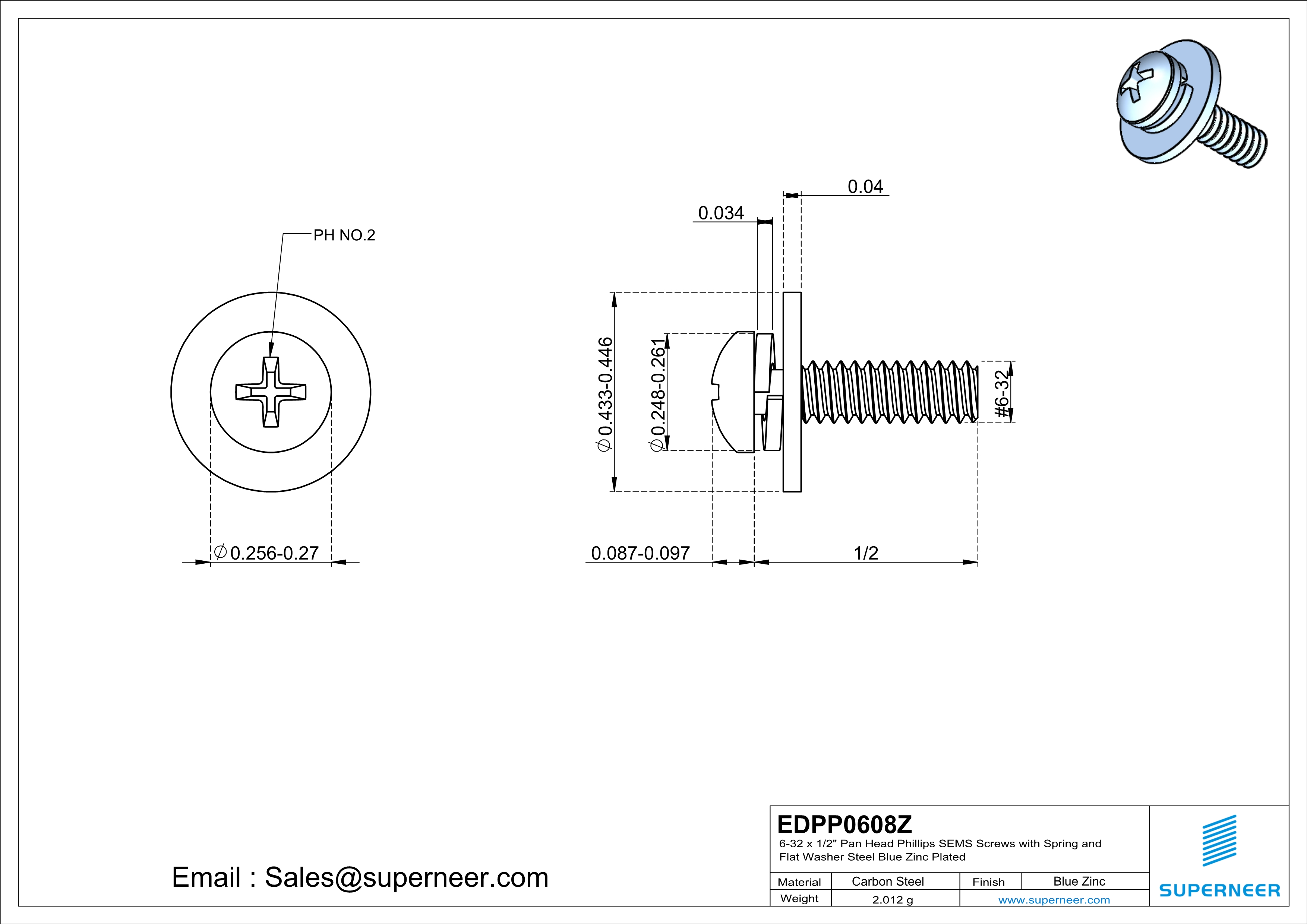 6-32 x 1/2" Pan Head Phillips SEMS Screws with Spring and Flat Washer Steel Blue Zinc Plated