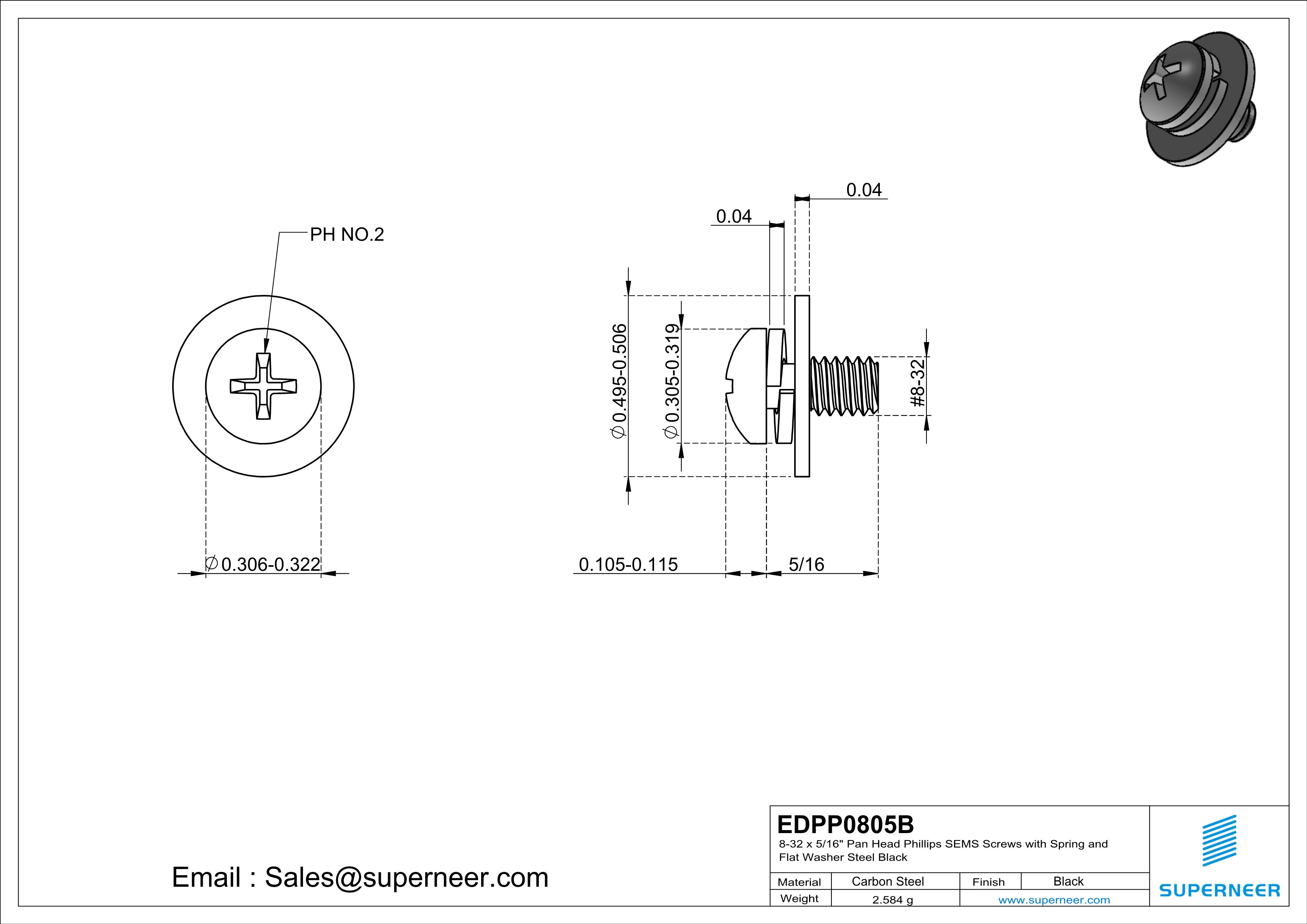 8-32 x 5/16" Pan Head Phillips SEMS Screws with Spring and Flat Washer Steel Black