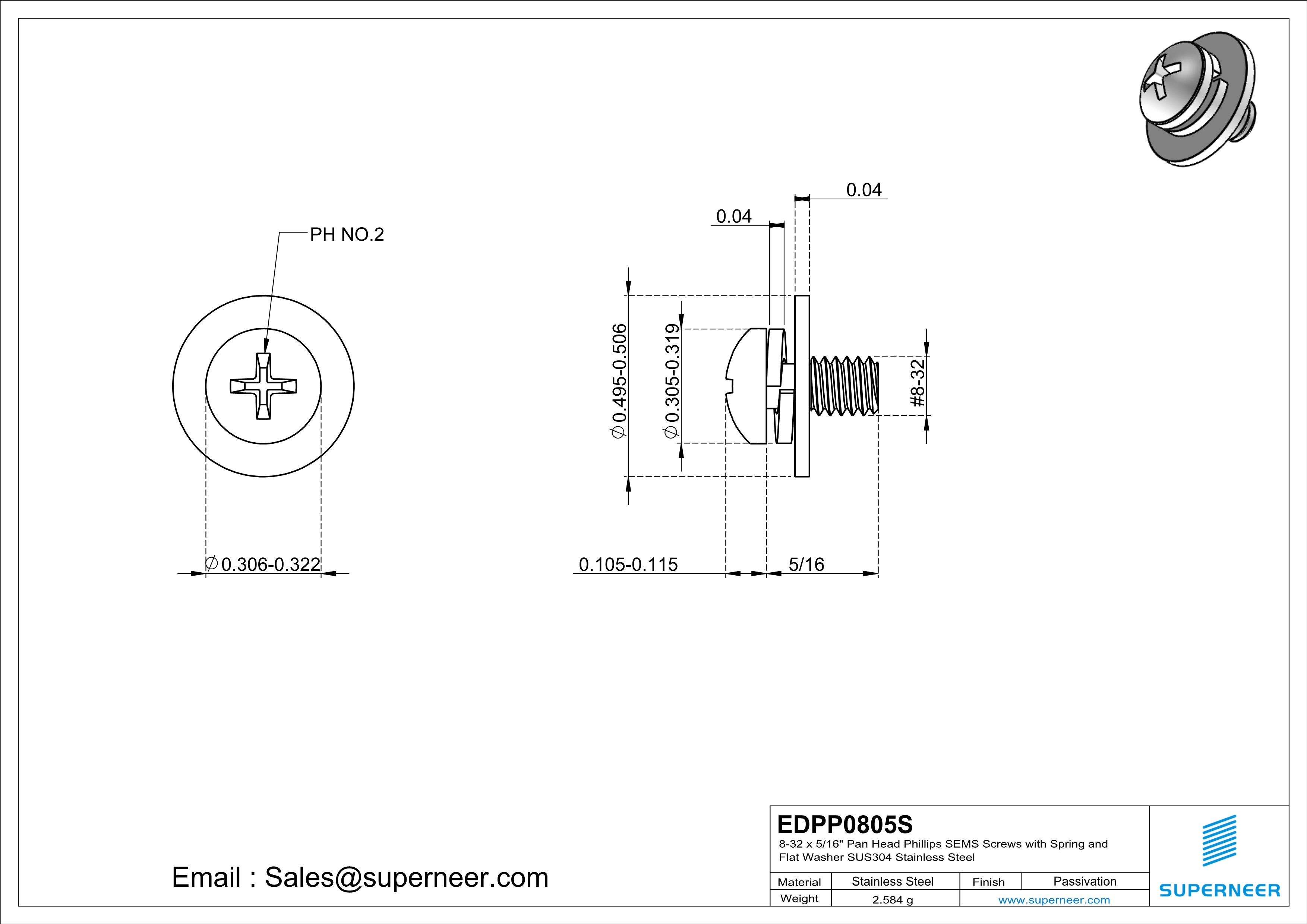 8-32 x 5/16" Pan Head Phillips SEMS Screws with Spring and Flat Washer SUS304 Stainless Steel Inox