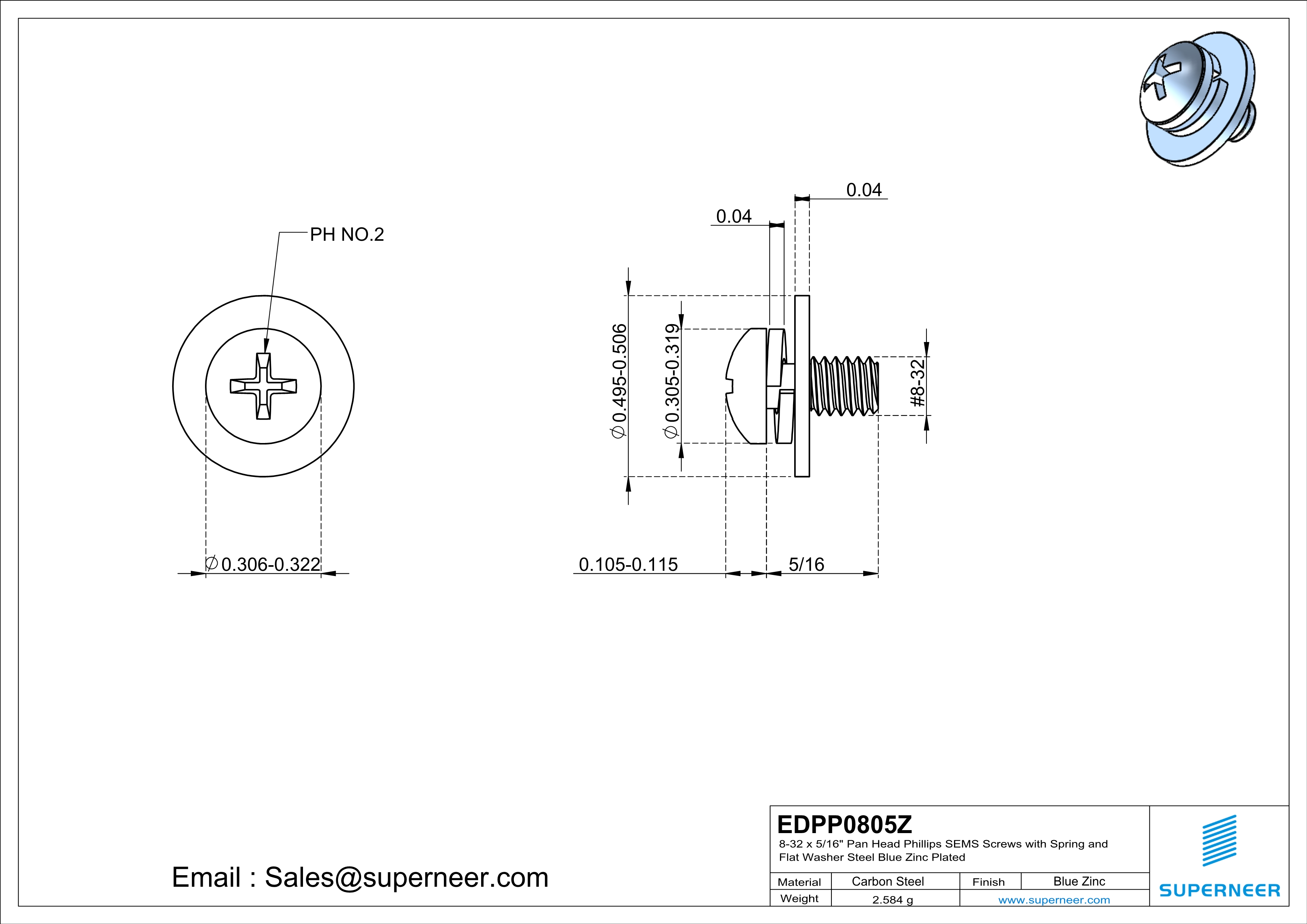 8-32 x 5/16" Pan Head Phillips SEMS Screws with Spring and Flat Washer Steel Blue Zinc Plated